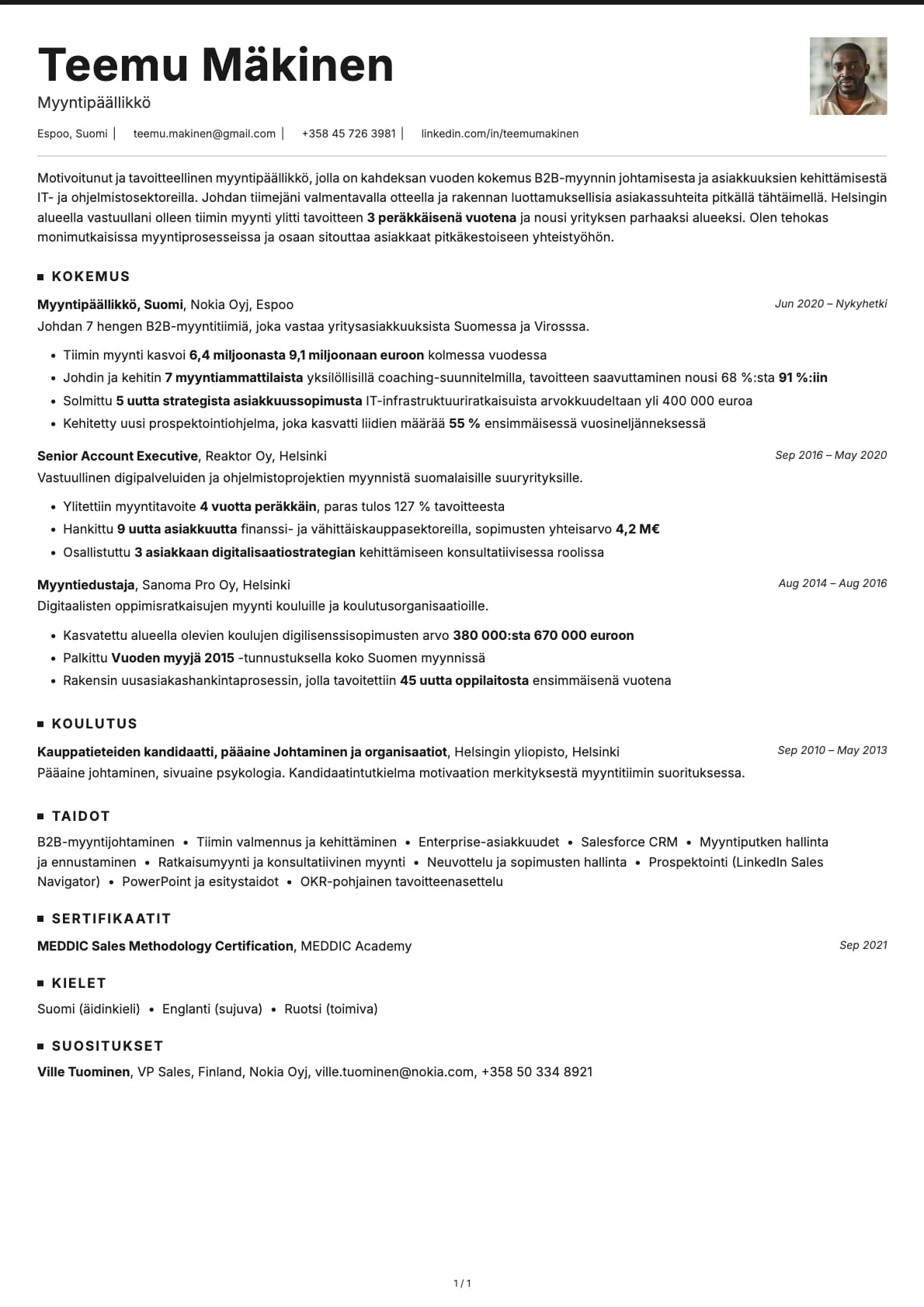 Myyntipäällikkö resume example
