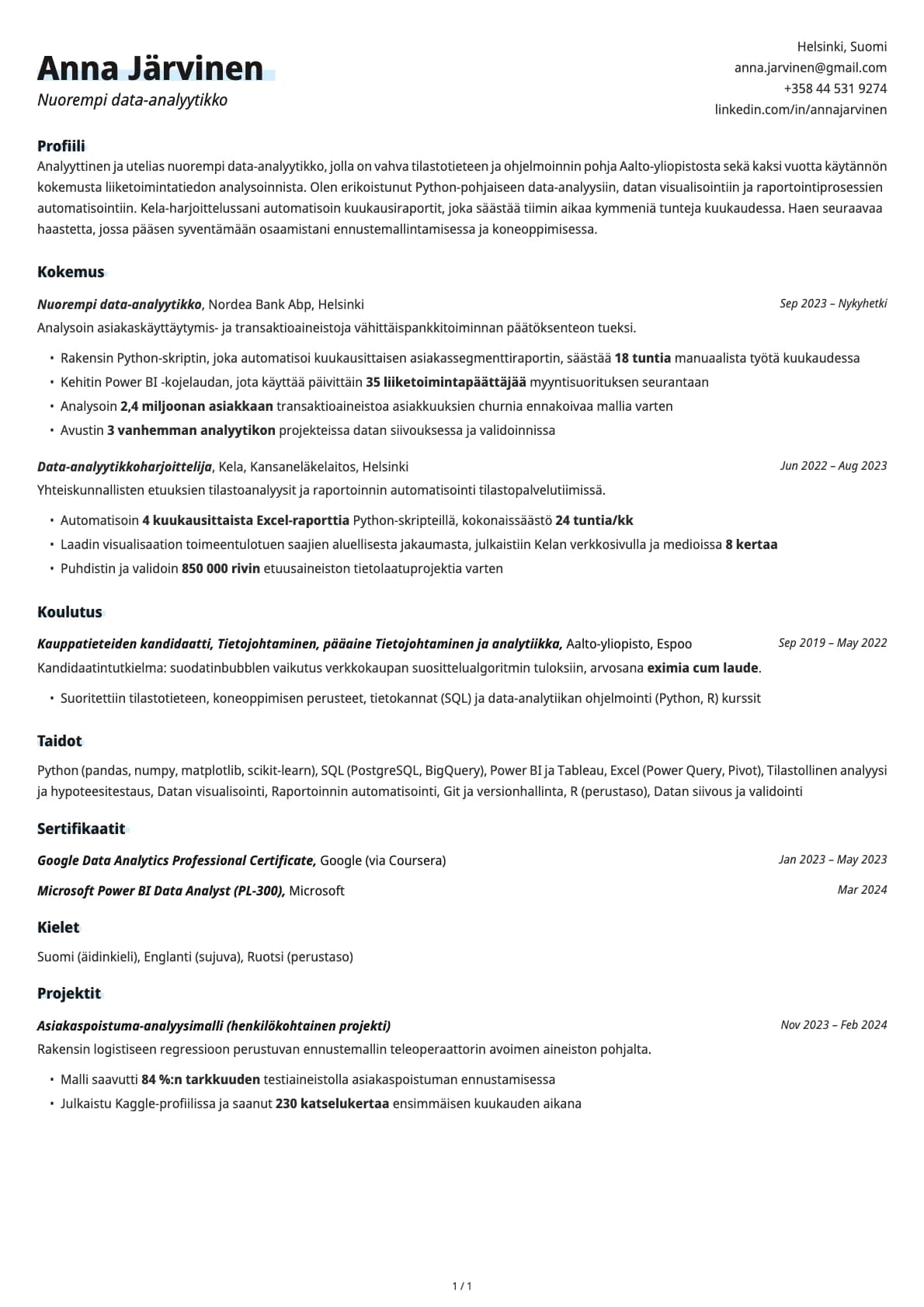 Nuorempi data-analyytikko resume example