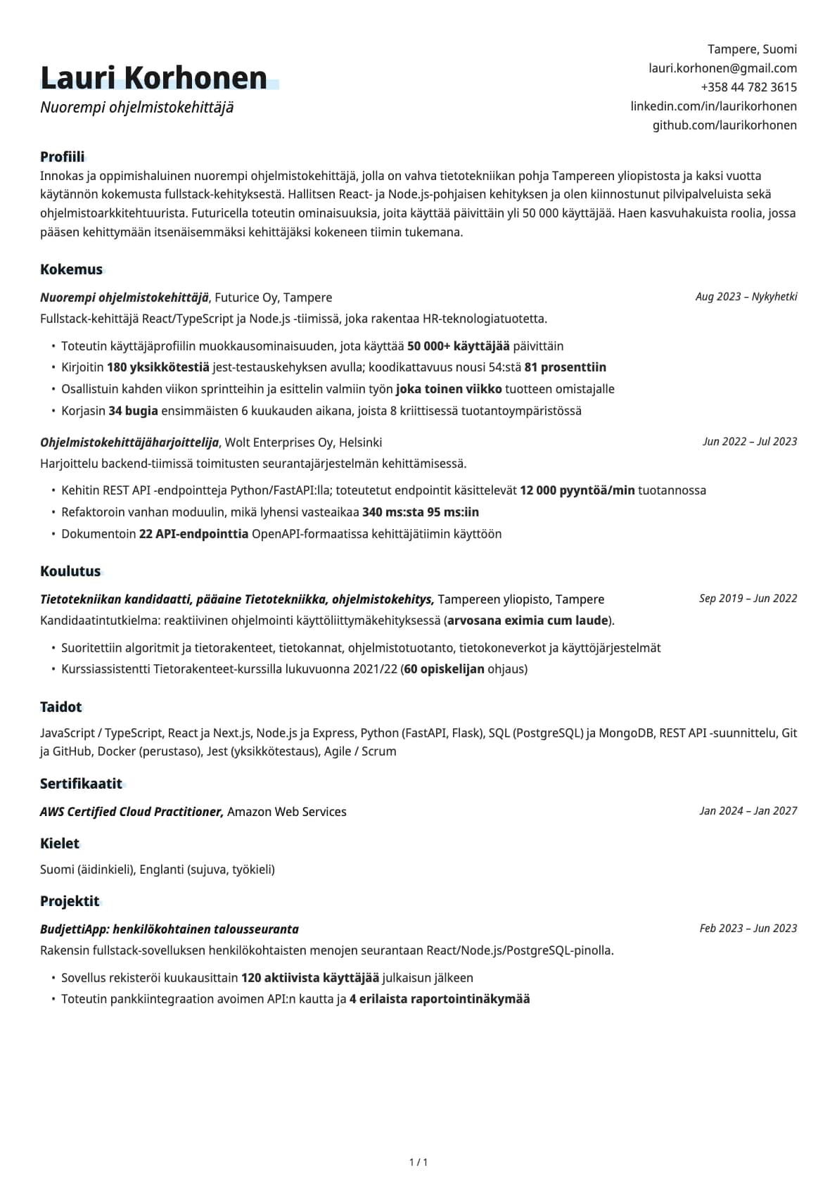 Nuorempi ohjelmistokehittäjä resume example