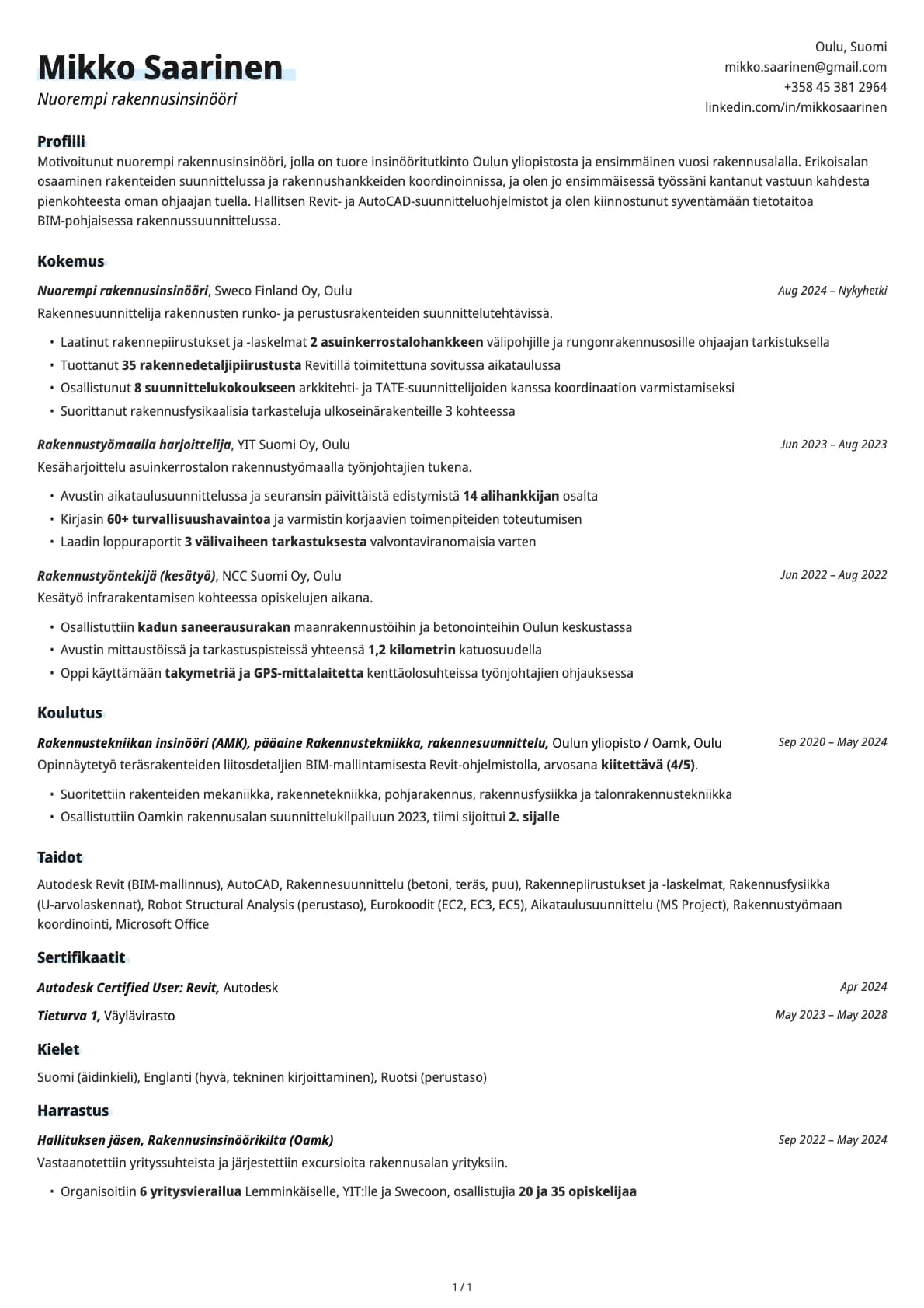 Nuorempi rakennusinsinööri resume example