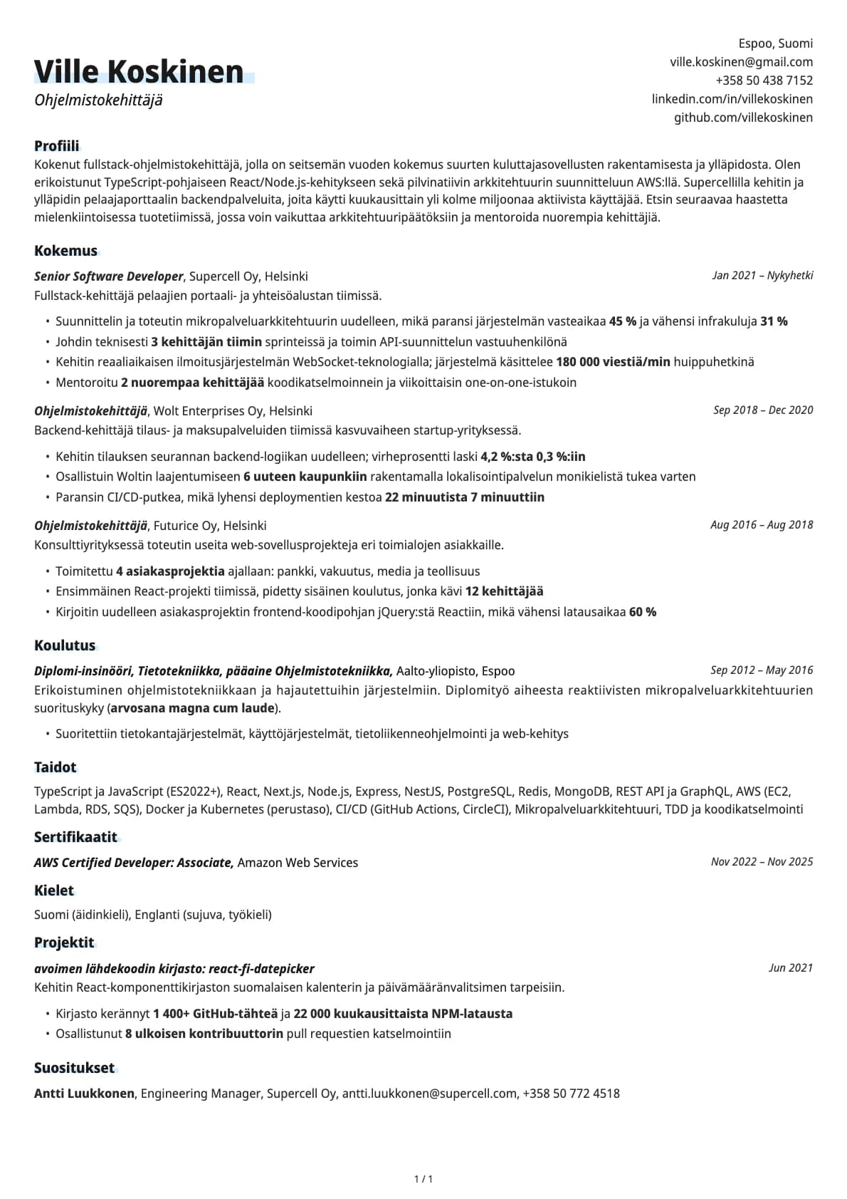 Ohjelmistokehittäjä resume example