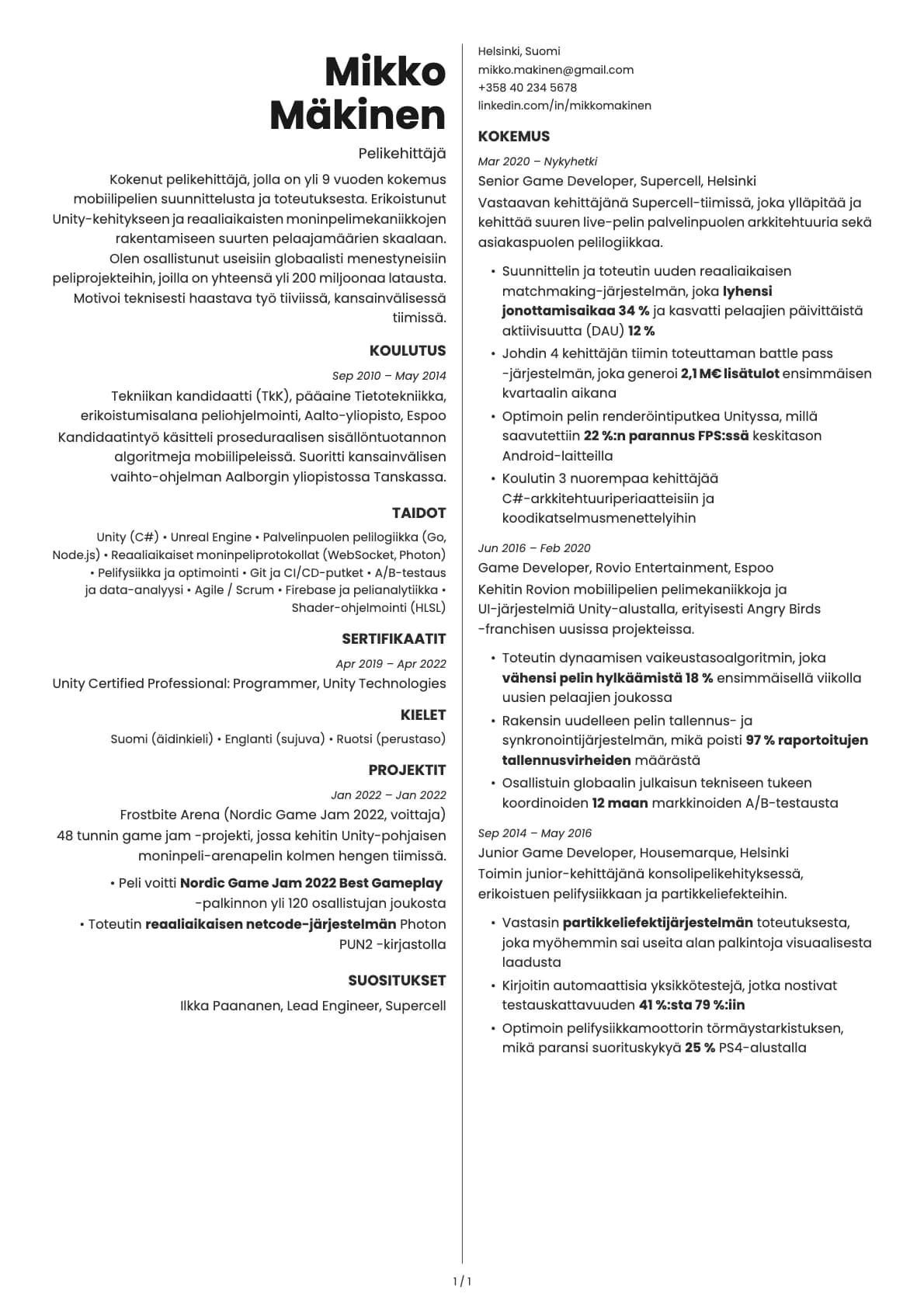 Pelikehittäjä resume example