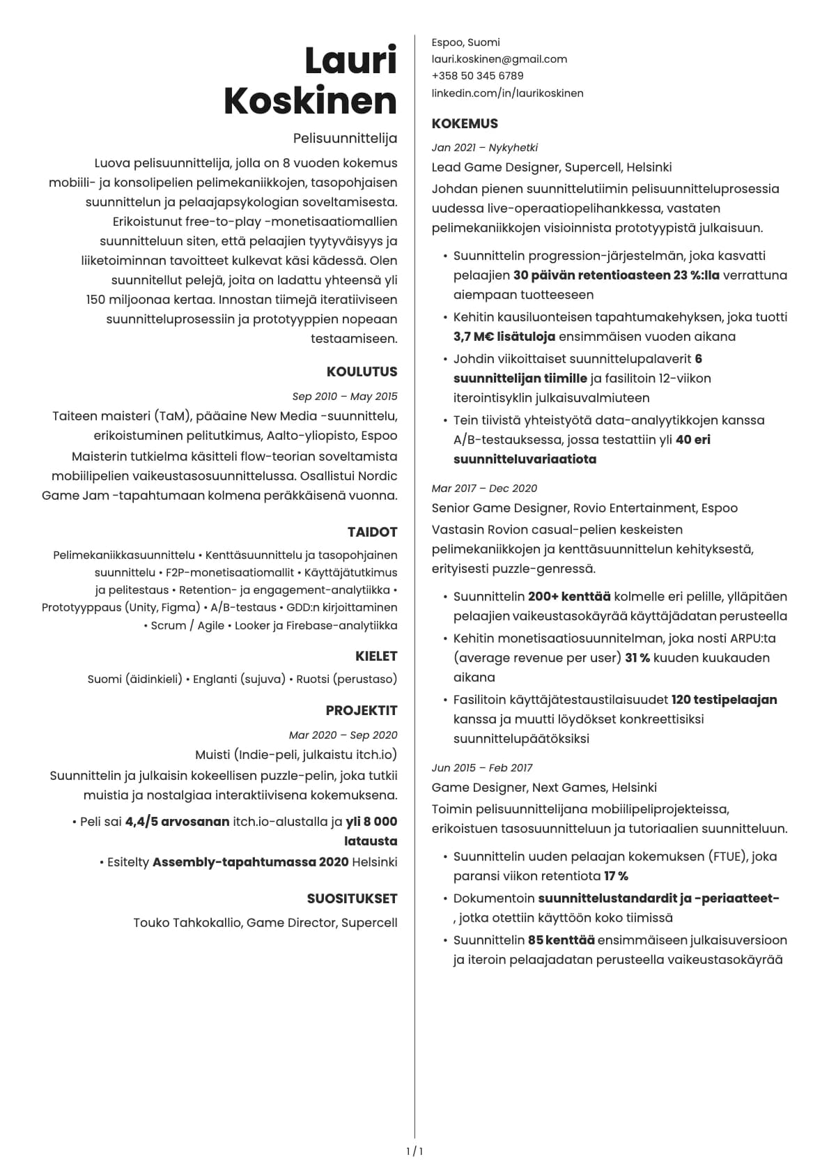 Pelisuunnittelija resume example