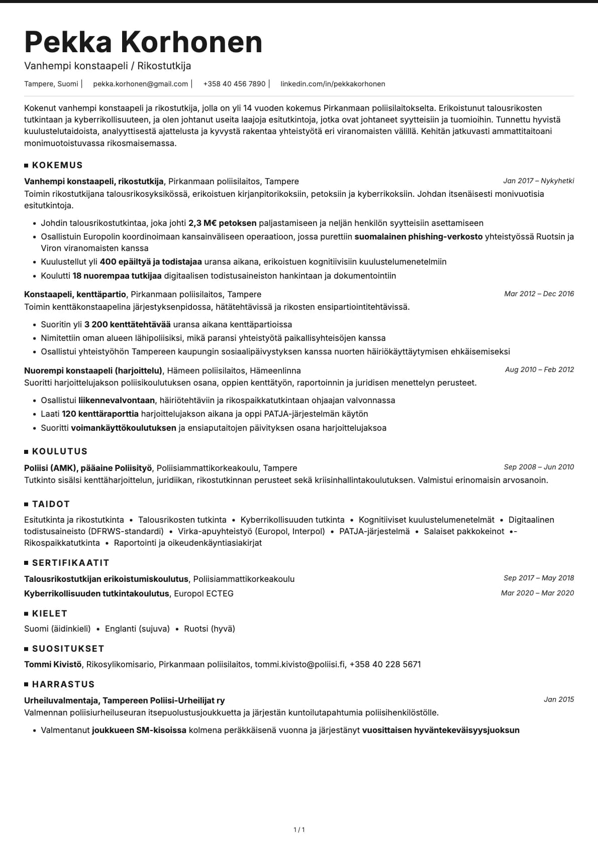 Vanhempi konstaapeli / rikostutkija resume example