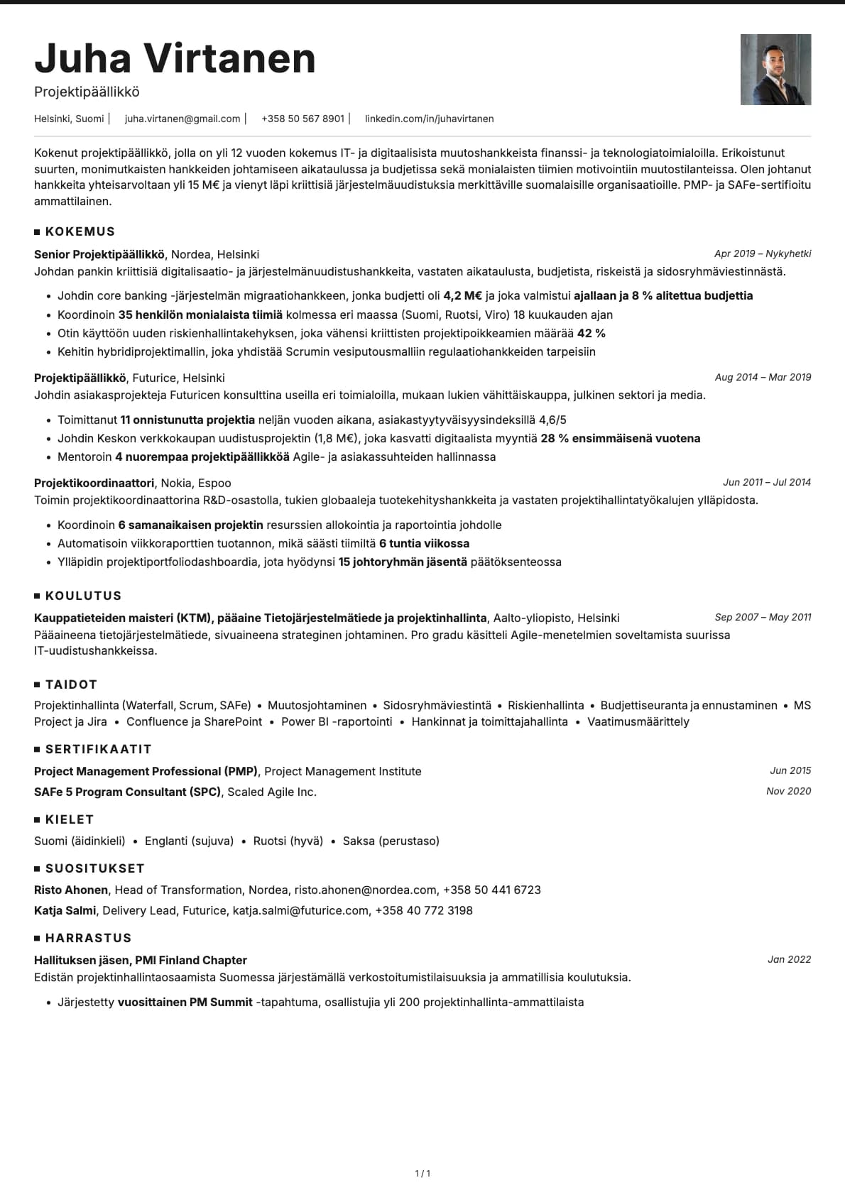 Projektipäällikkö resume example