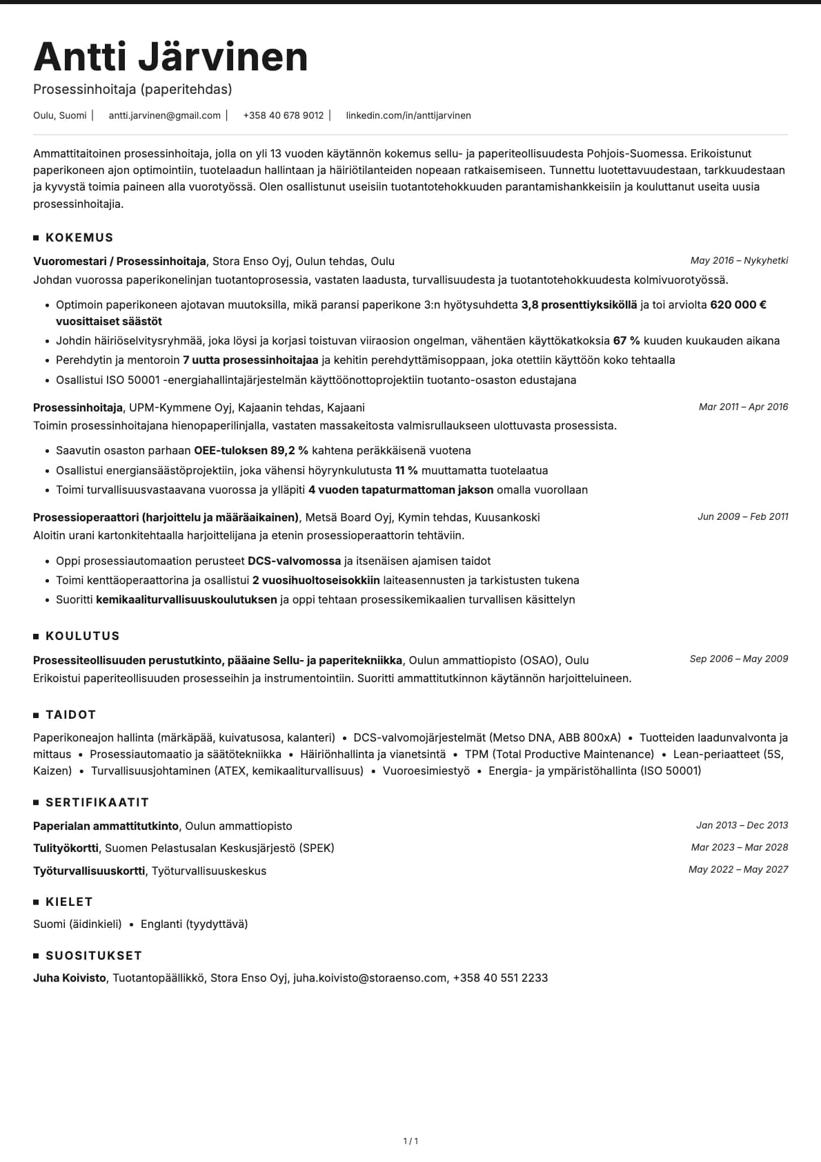 Prosessinhoitaja resume example