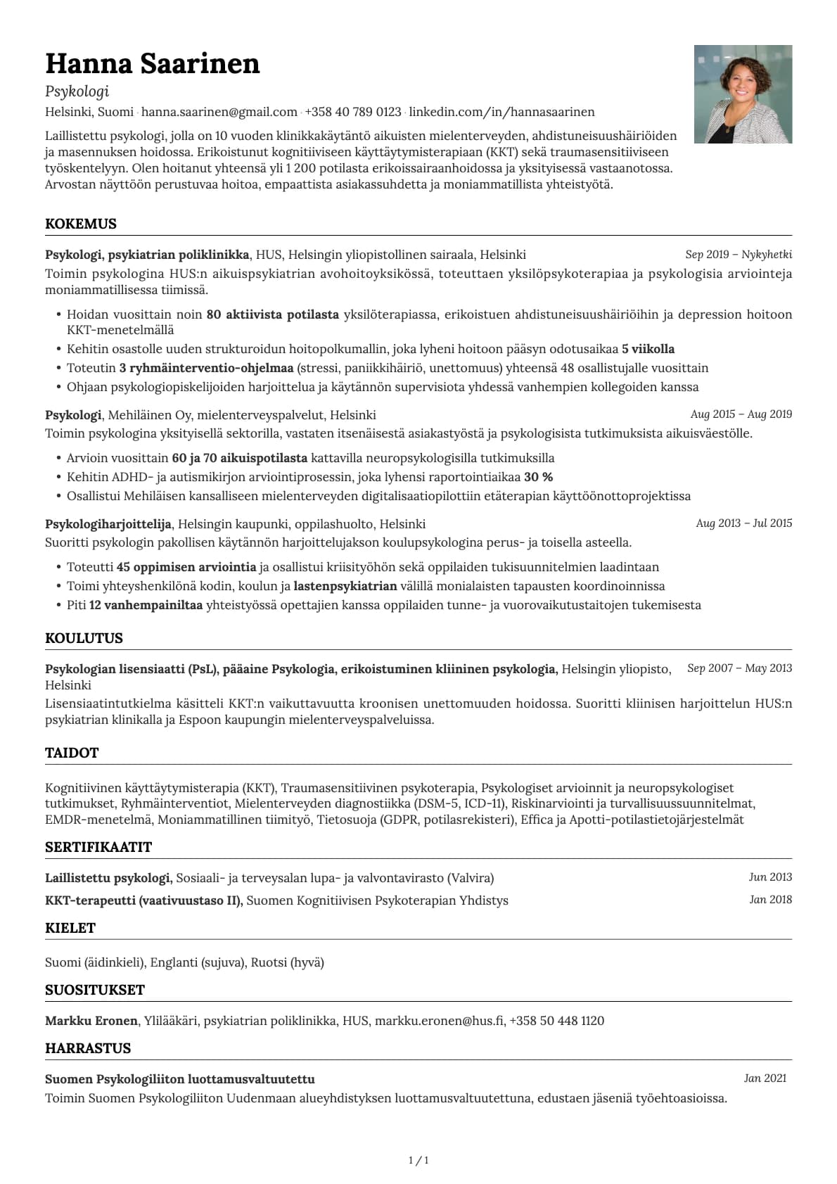Psykologi resume example