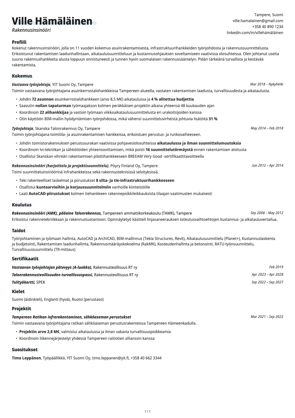 Rakennusinsinööri resume example