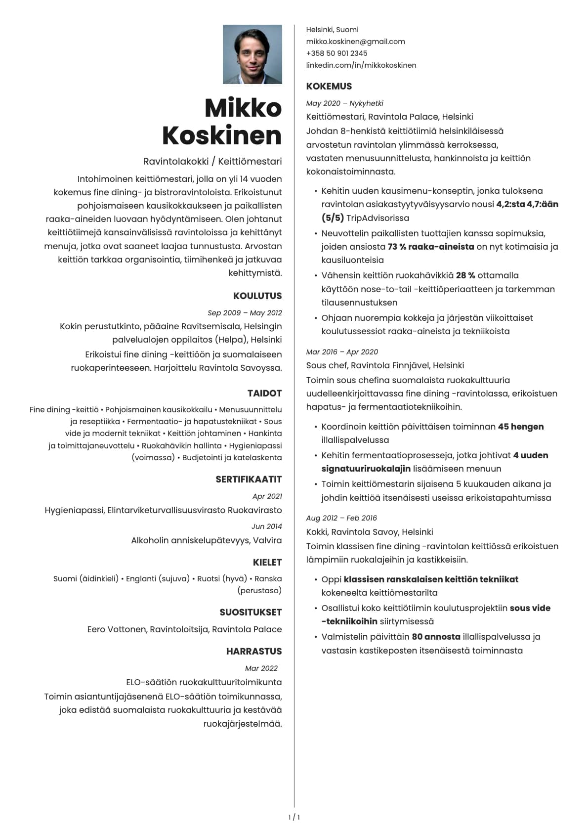 Ravintolakokki resume example