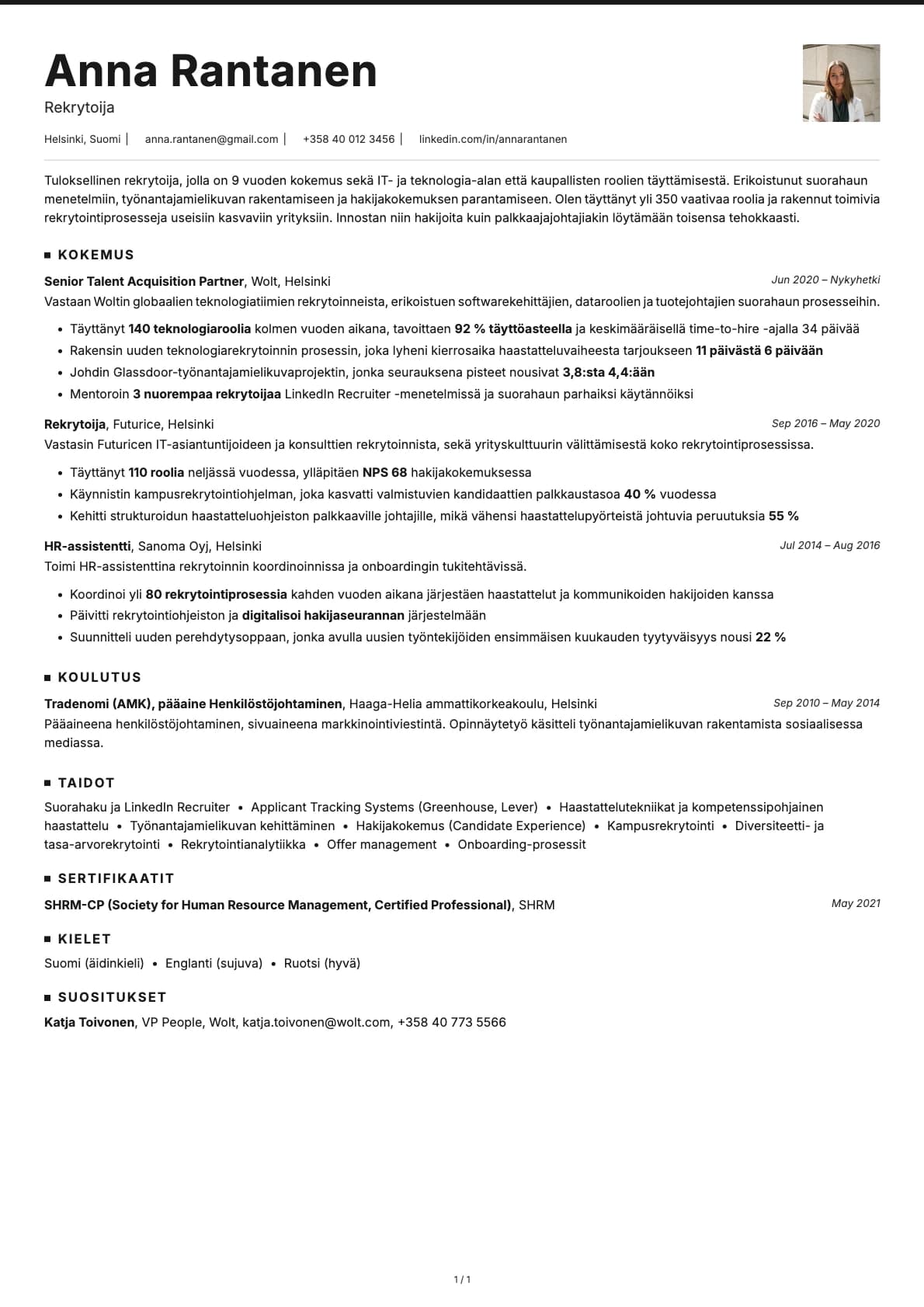 Rekrytoija resume example