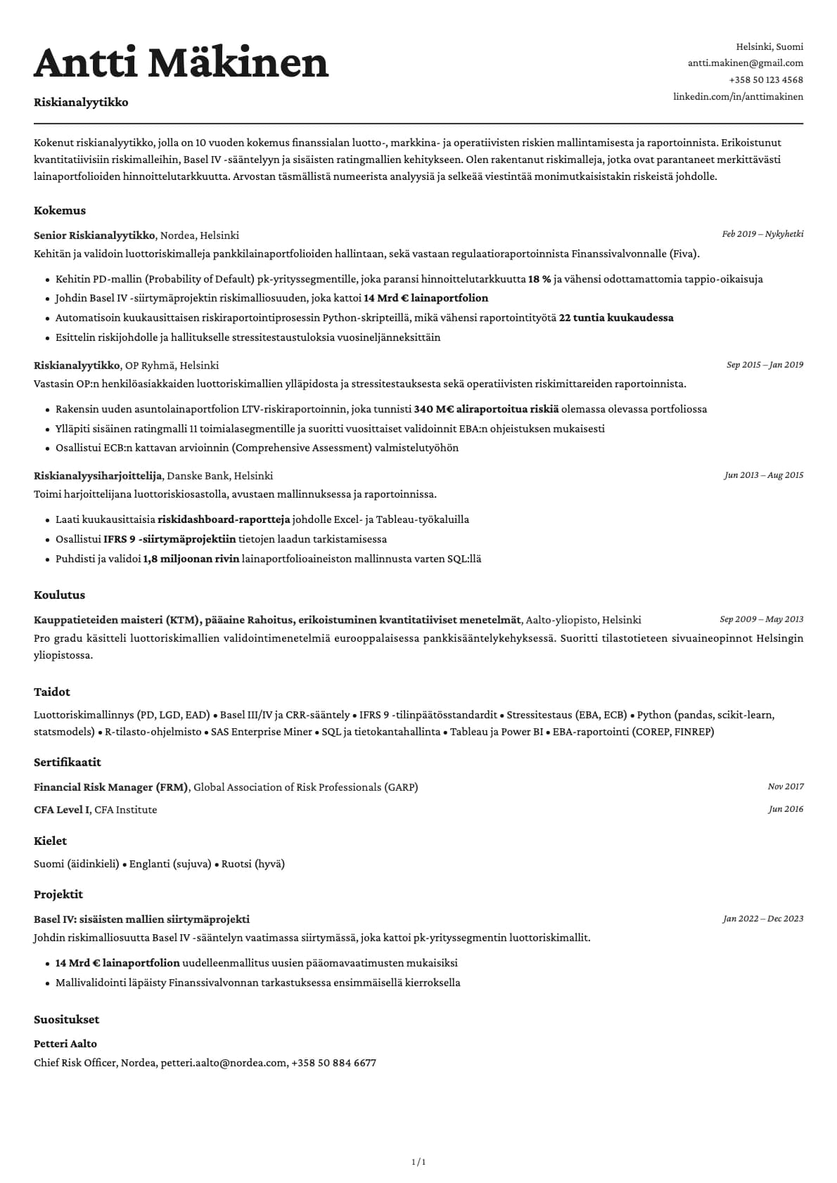 Riskianalyytikko resume example