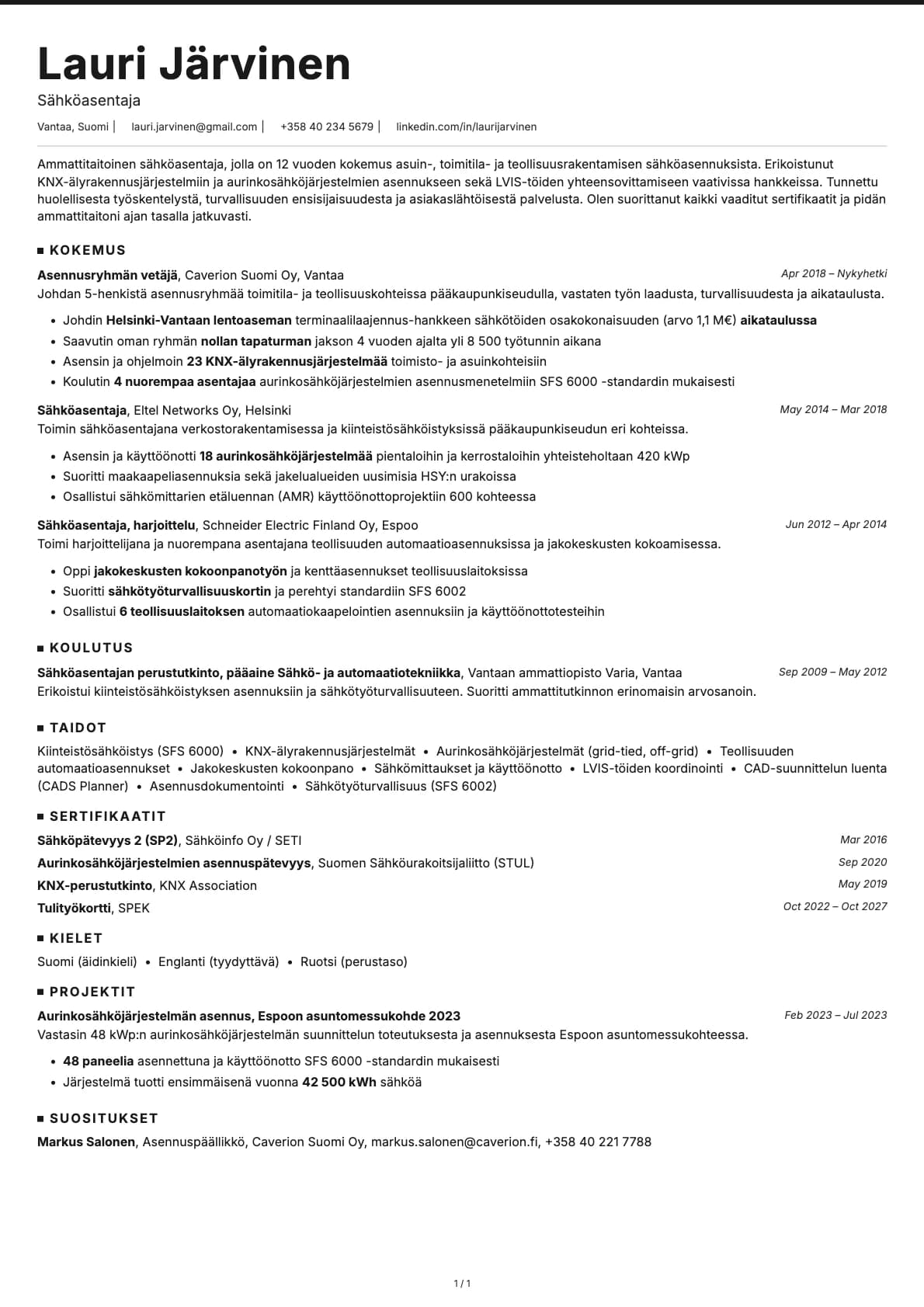 Sähköasentaja resume example