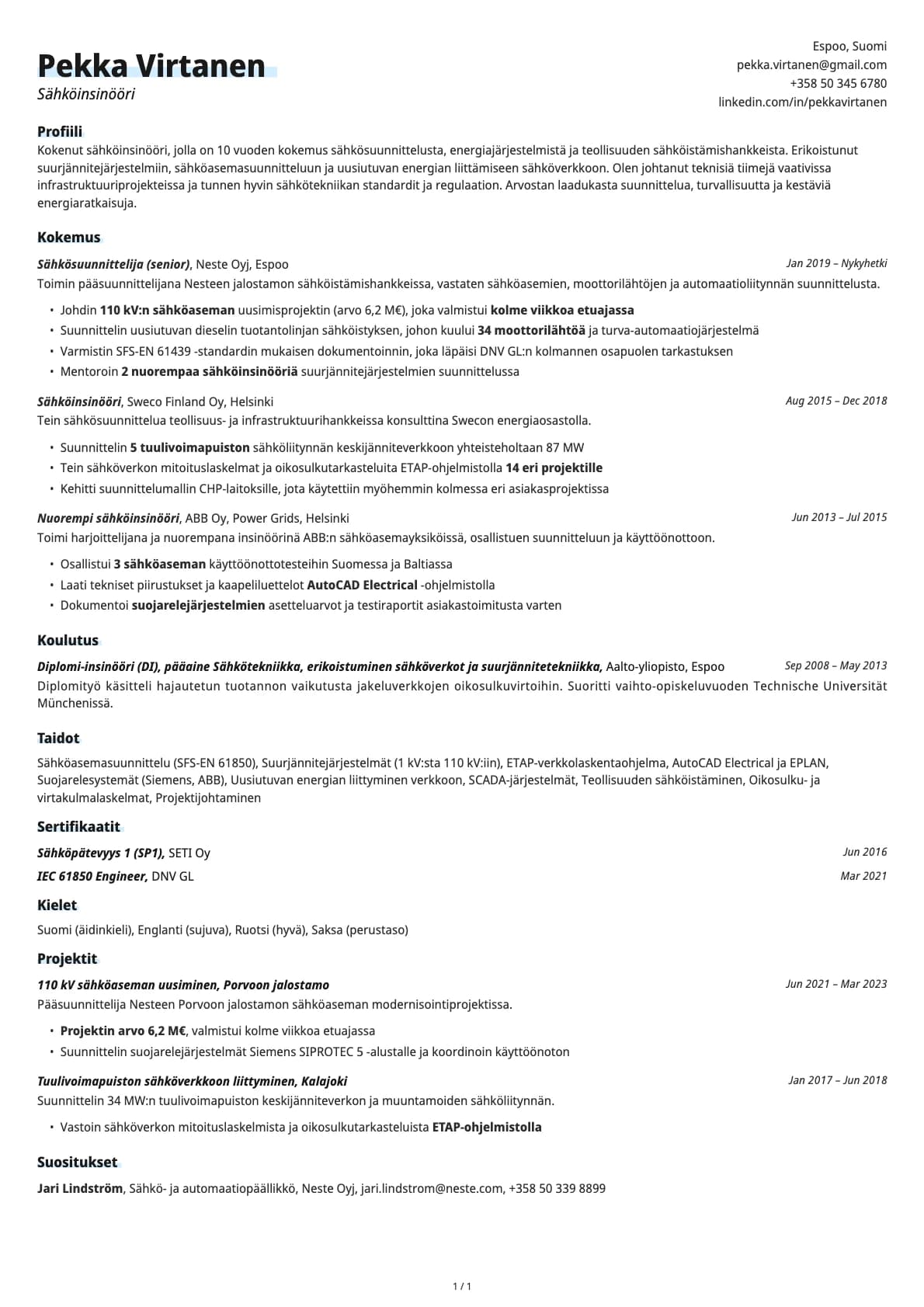 Sähköinsinööri resume example