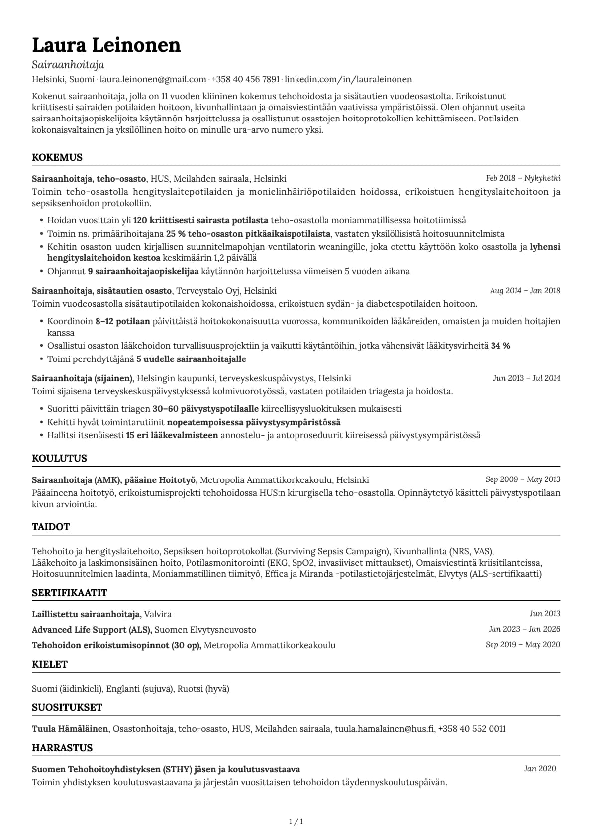 Sairaanhoitaja resume example