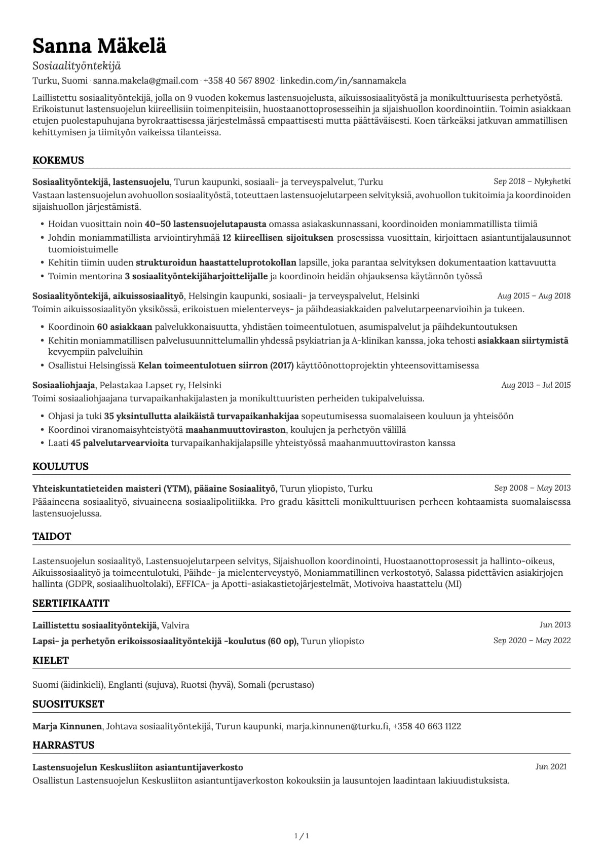 Sosiaalityöntekijä resume example