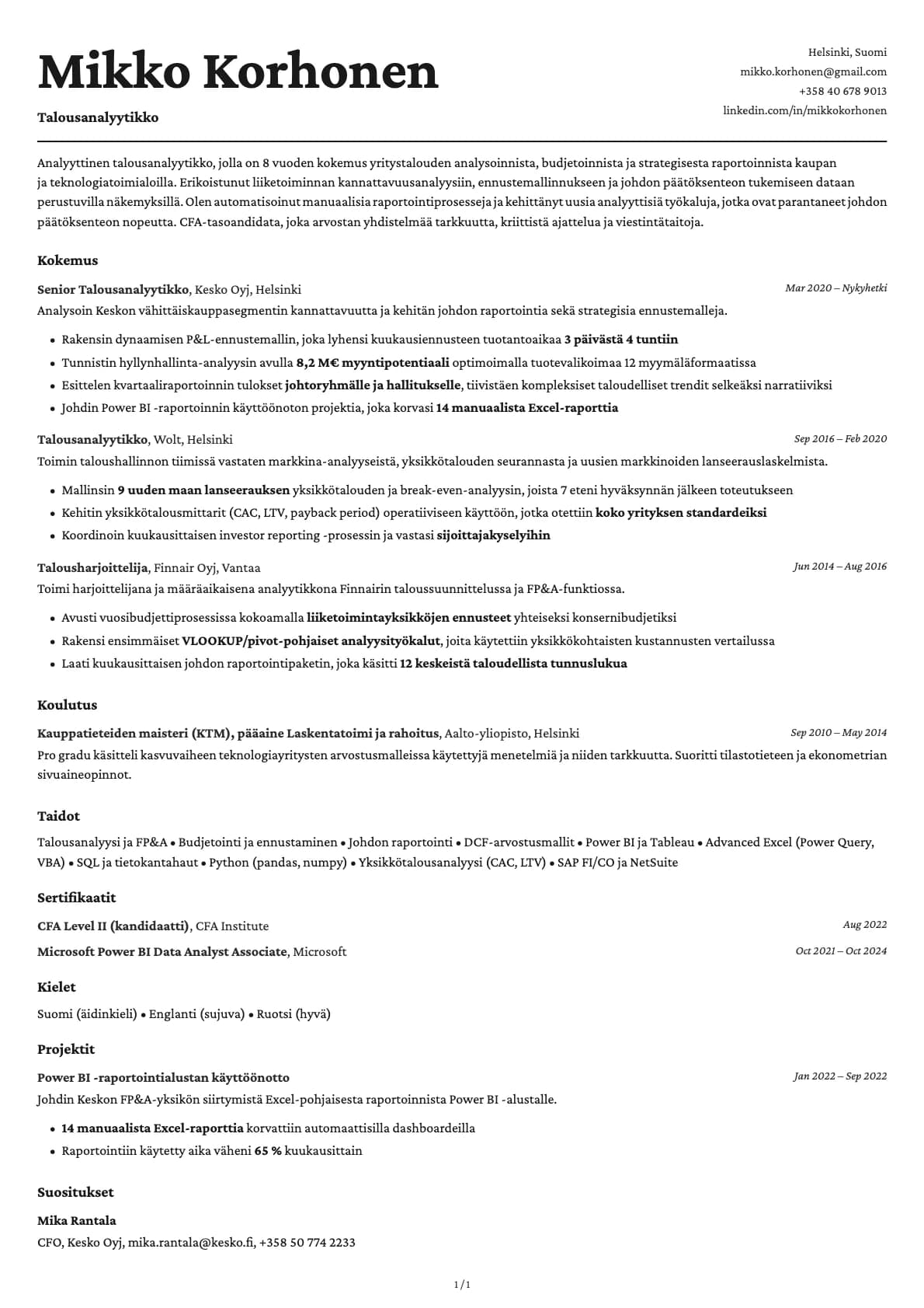 Talousanalyytikko resume example
