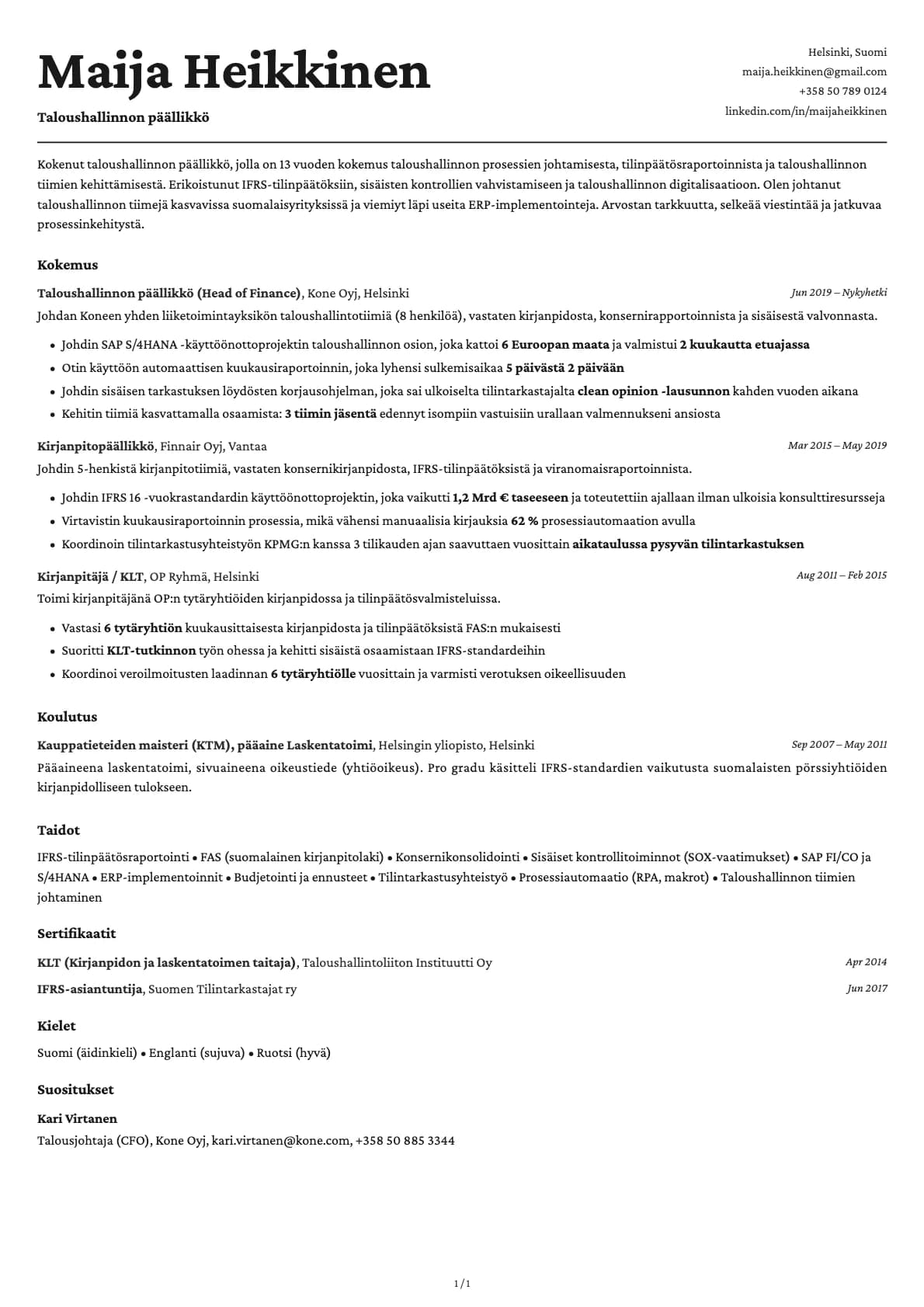 Taloushallinnon päällikkö resume example