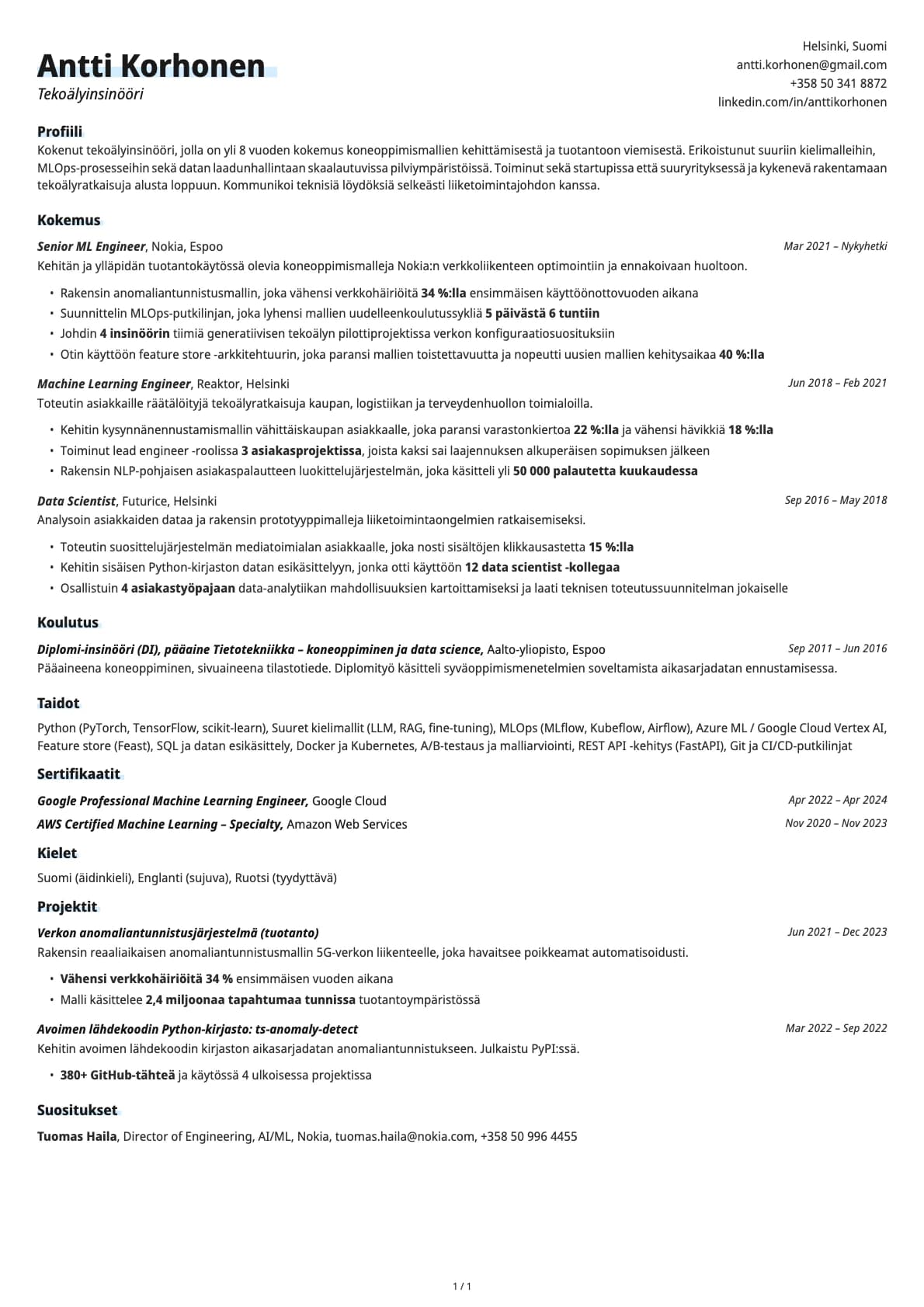 Tekoälyinsinööri resume example