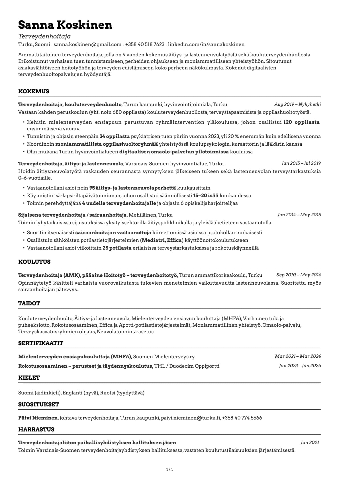 Terveydenhoitaja resume example