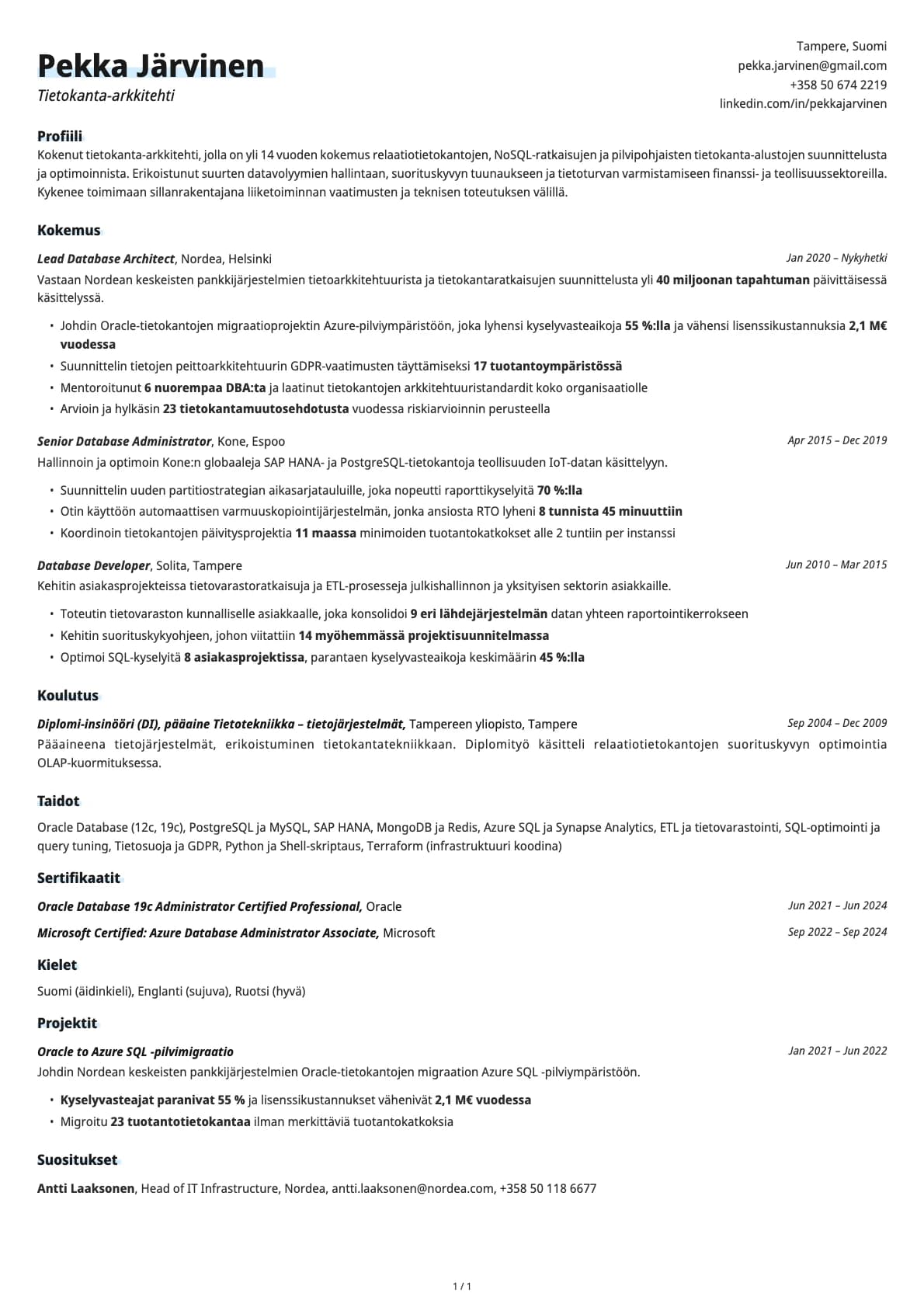 Tietokanta-arkkitehti resume example