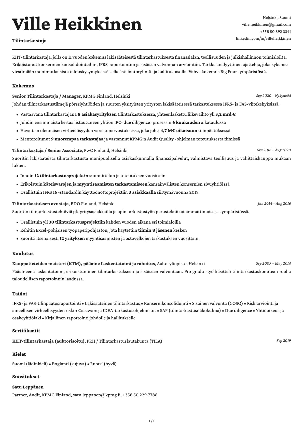 Tilintarkastaja resume example