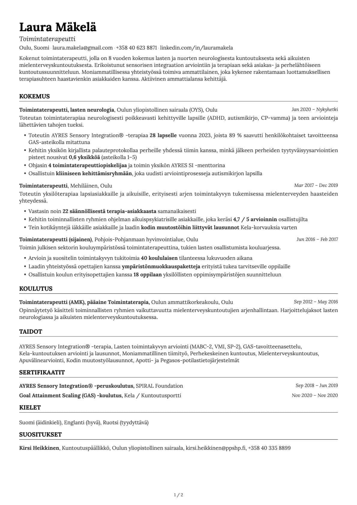 Toimintaterapeutti resume example