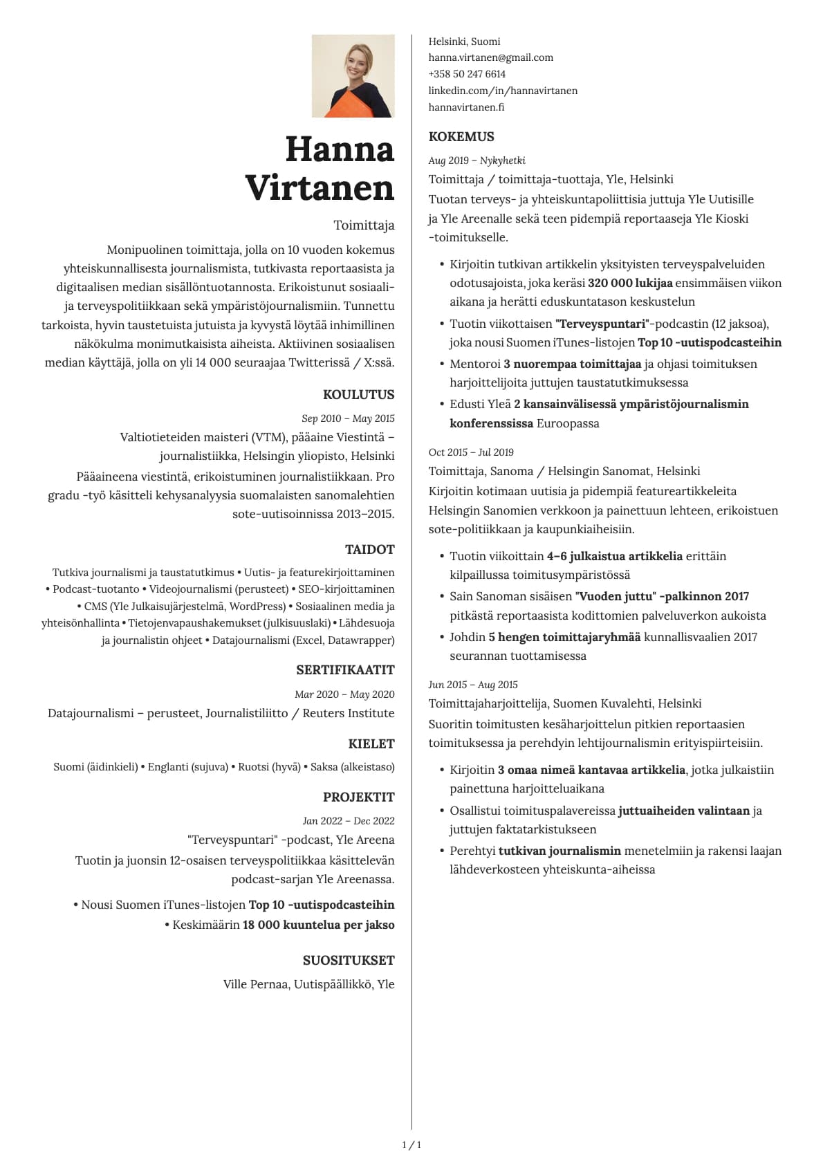 Toimittaja resume example