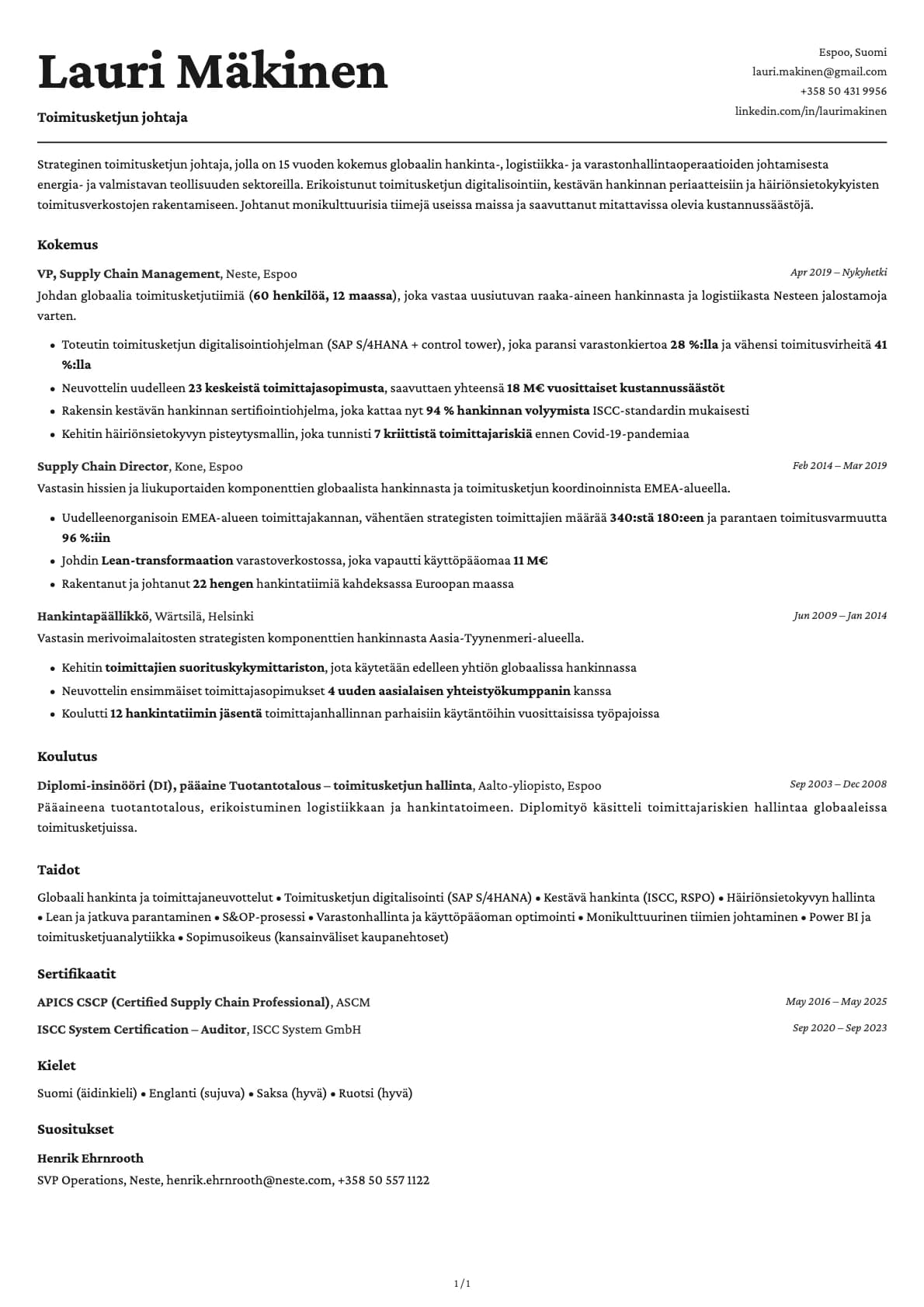 Toimitusketjun johtaja resume example