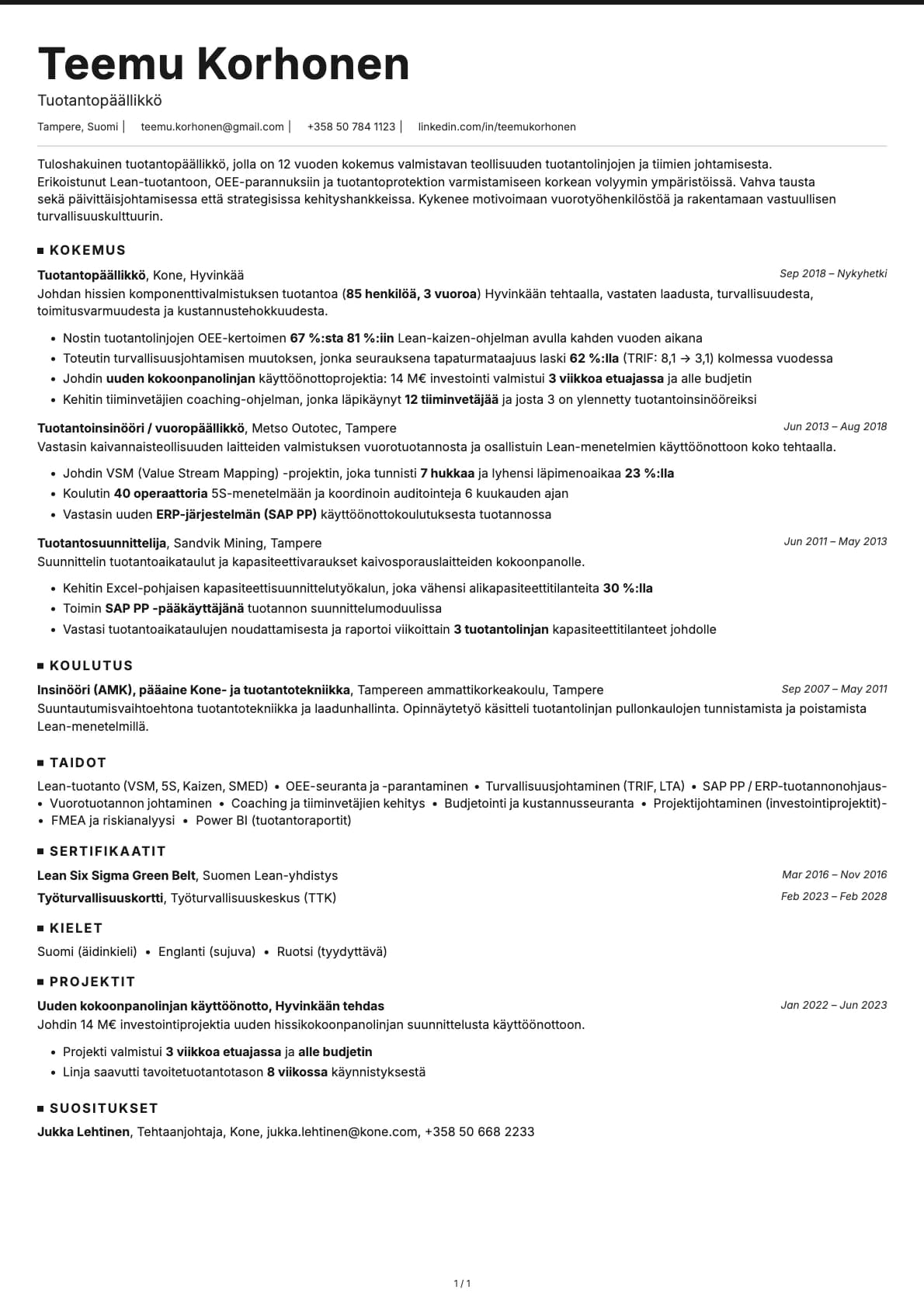 Tuotantopäällikkö resume example