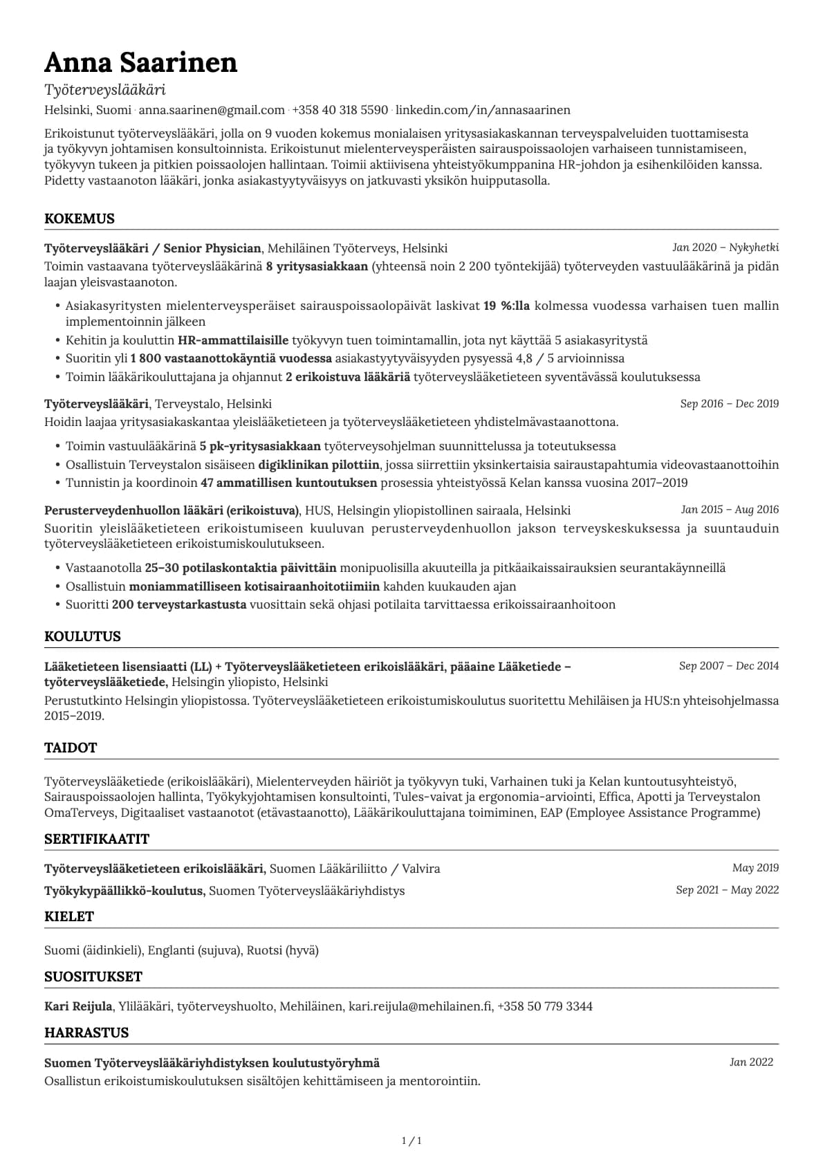 Työterveyslääkäri resume example