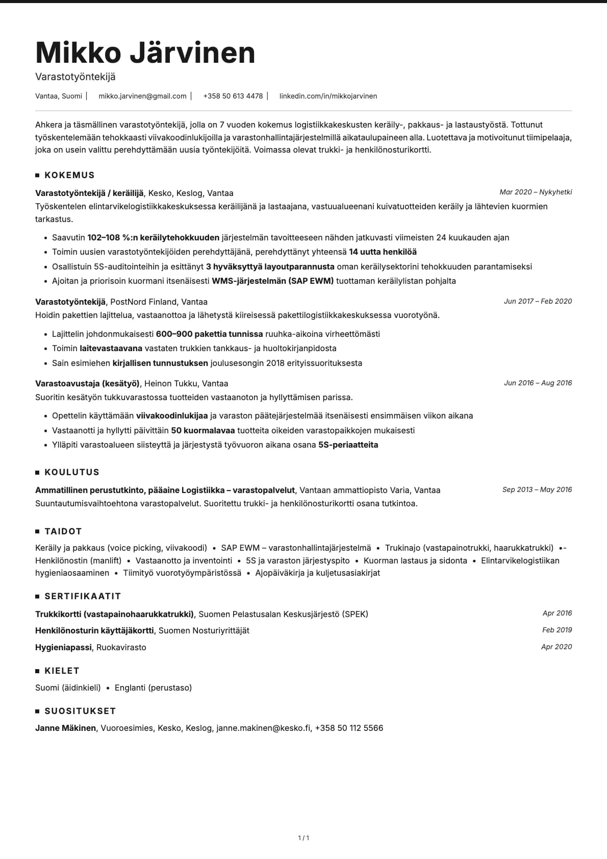 Varastotyöntekijä resume example