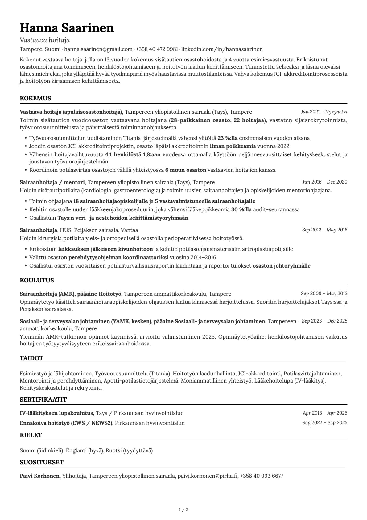 Vastaava hoitaja resume example