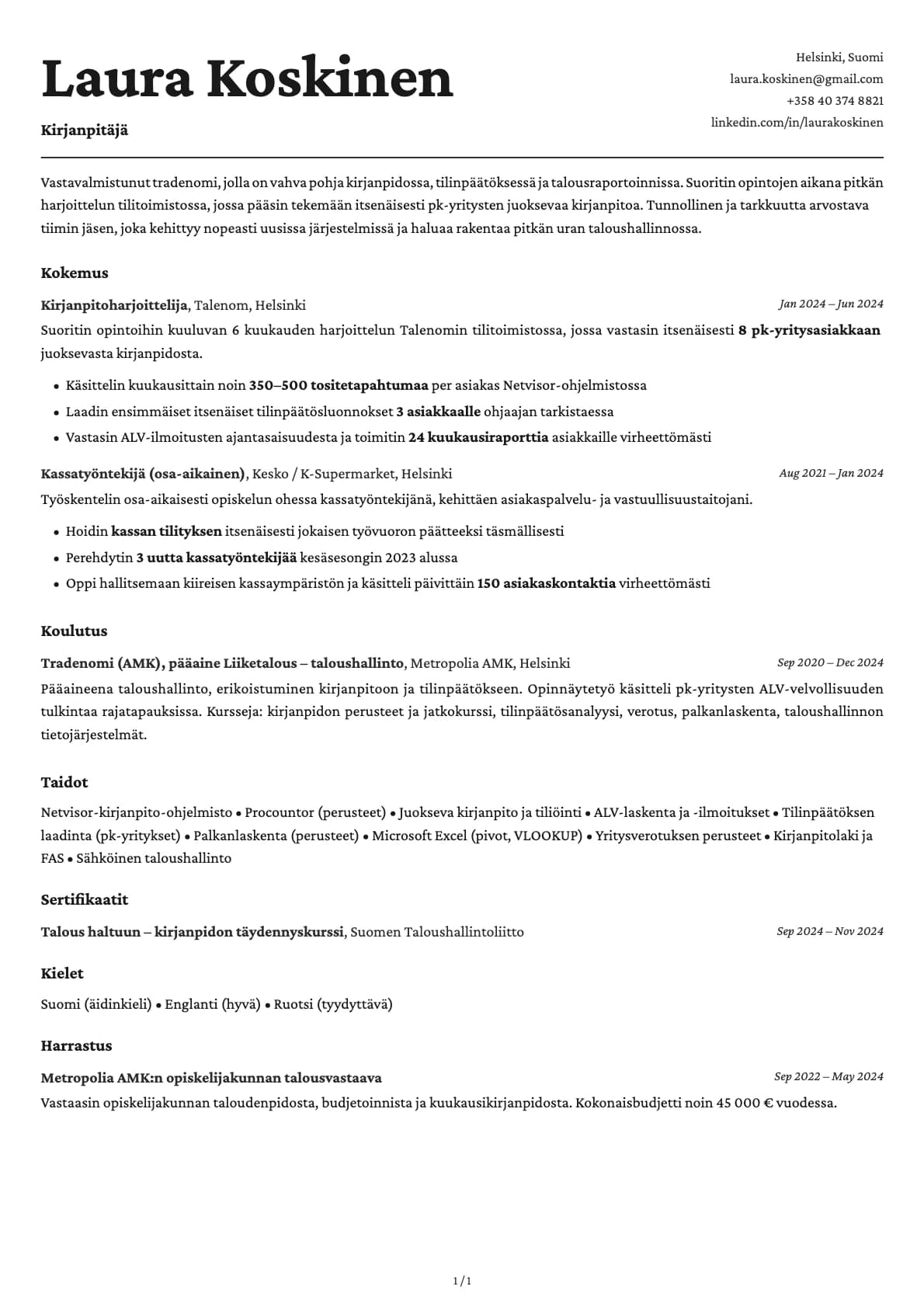 Vastavalmistunut kirjanpitäjä resume example