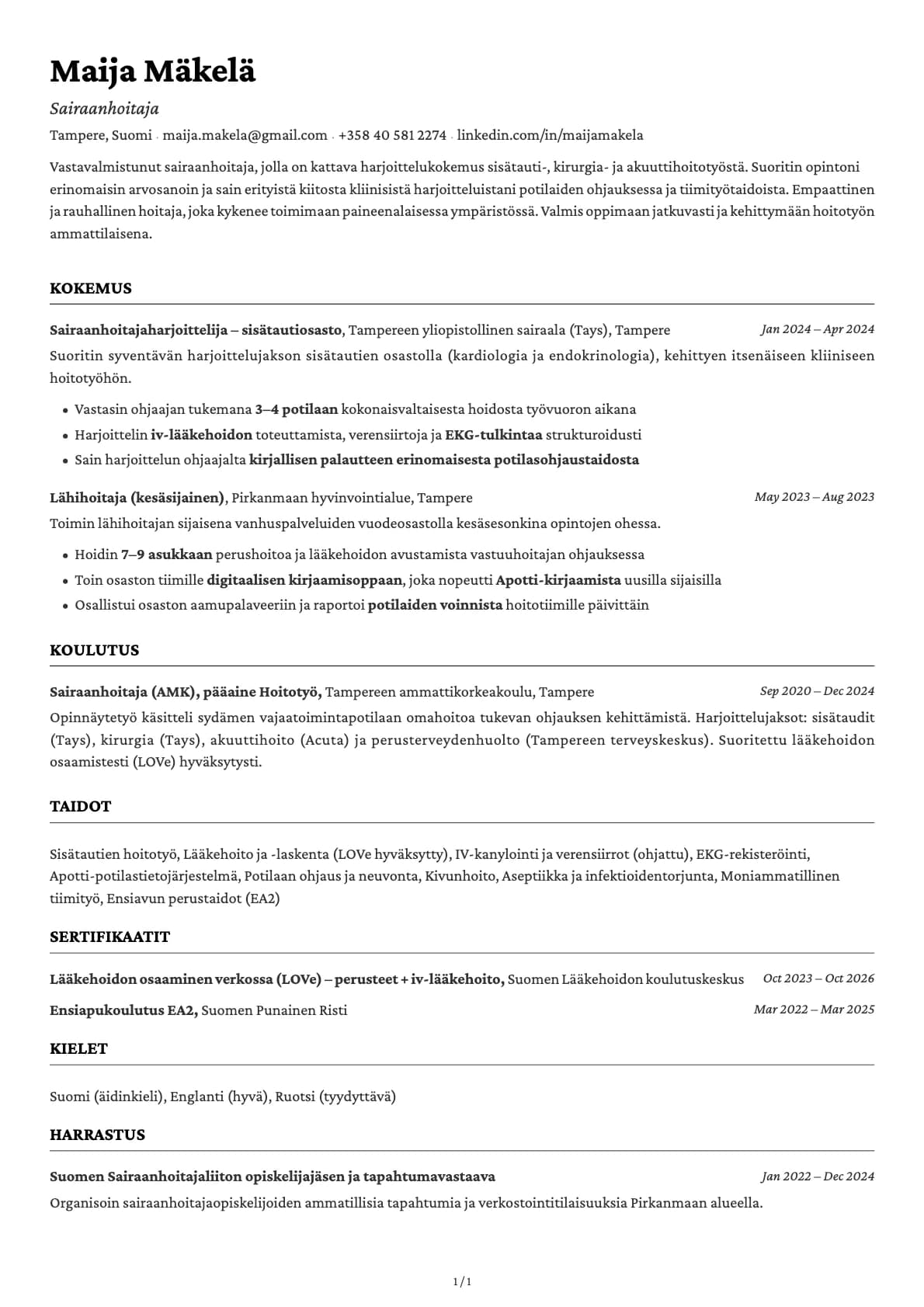 Vastavalmistunut sairaanhoitaja resume example