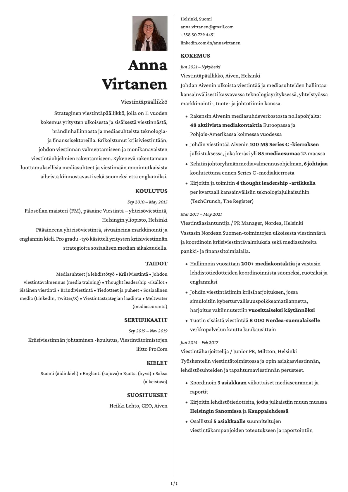 Viestintäpäällikkö resume example