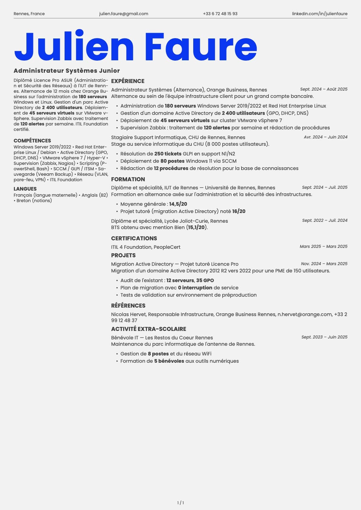 Administrateur Systèmes Junior resume example
