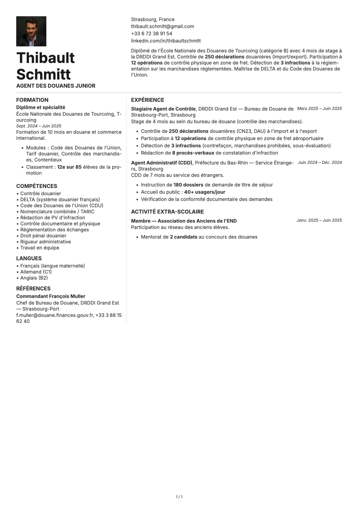 Agent des Douanes Junior resume example