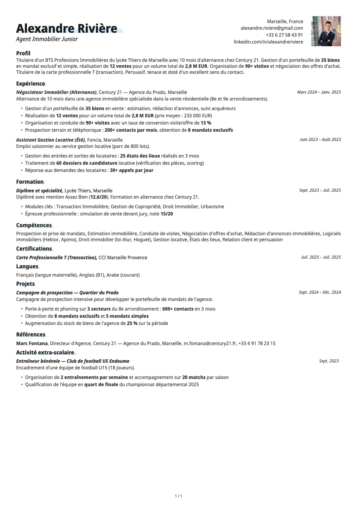 Agent Immobilier Junior resume example