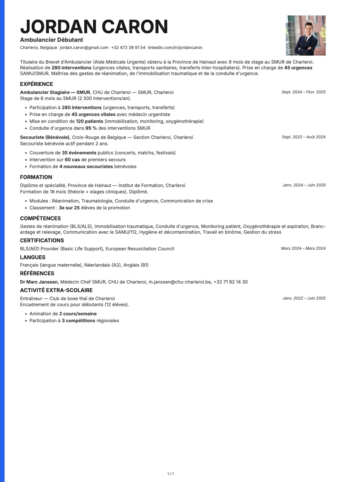 Ambulancier Débutant resume example