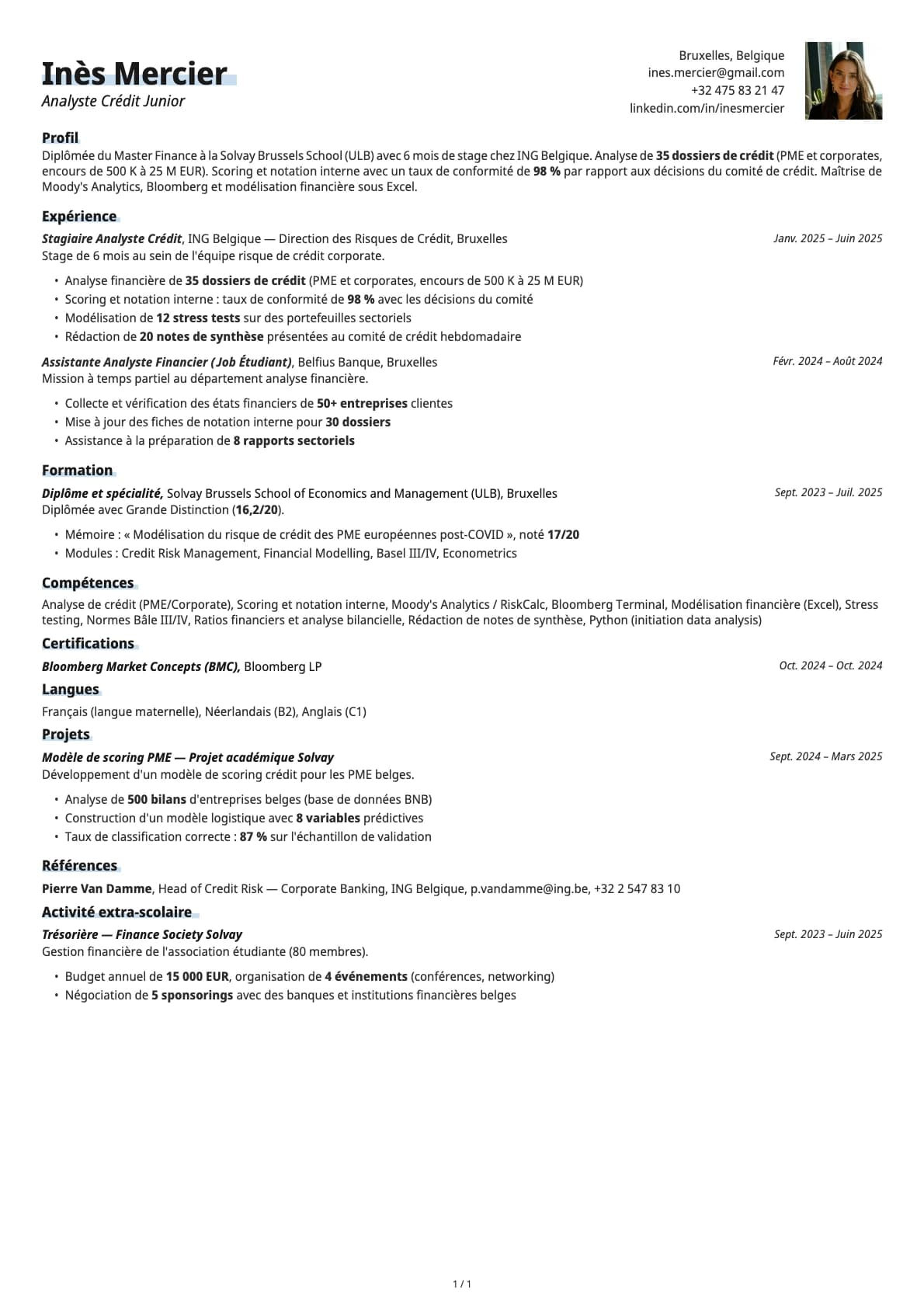 Analyste Crédit Junior resume example