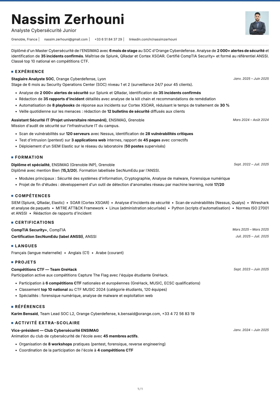 Analyste Cybersécurité Junior resume example