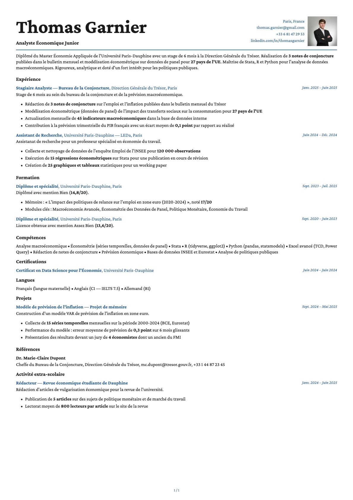 Analyste Économique Junior resume example