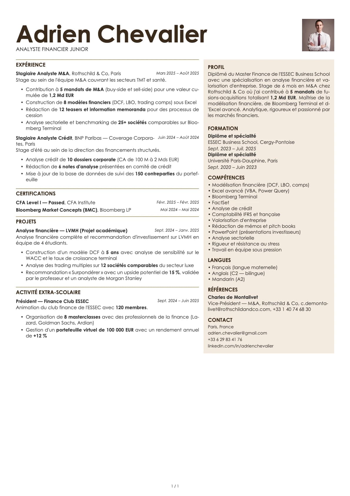 Analyste Financier Junior resume example