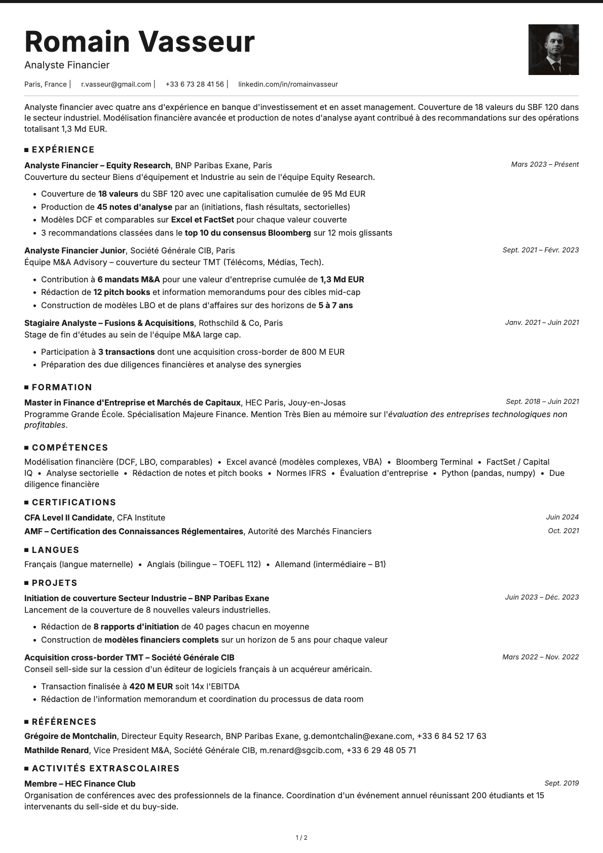 Analyste Financier resume example
