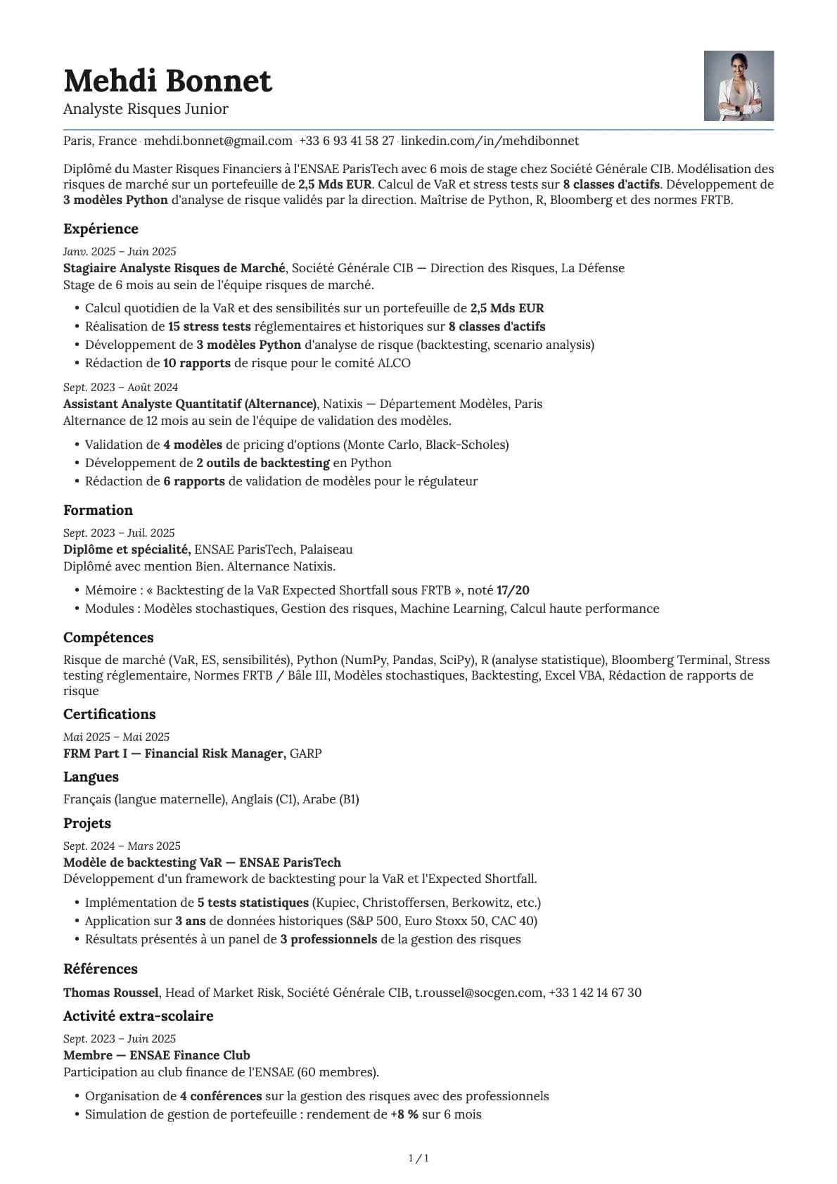 Analyste Risques Junior resume example