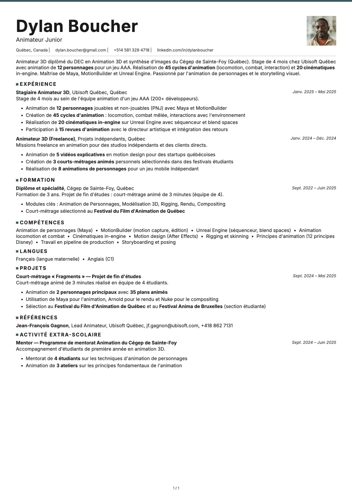 Animateur Junior resume example
