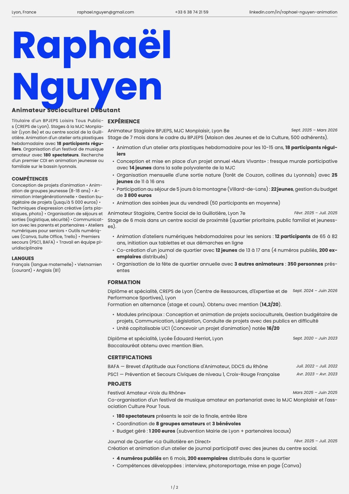 Animateur Socioculturel Débutant resume example