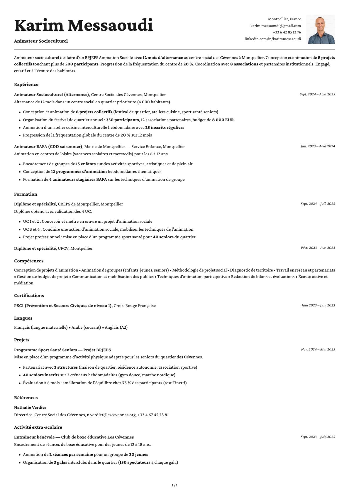 Animateur Socioculturel Junior resume example