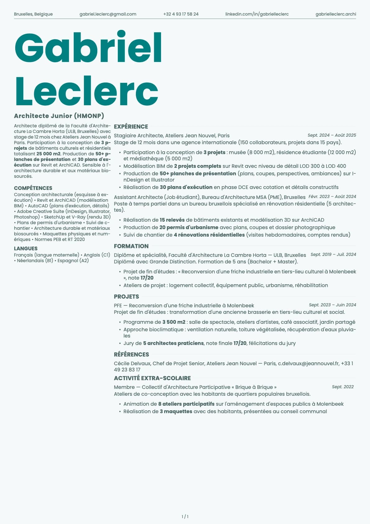 Architecte Junior resume example