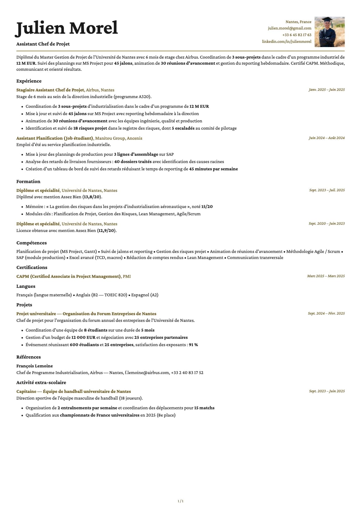 Assistant Chef de Projet resume example